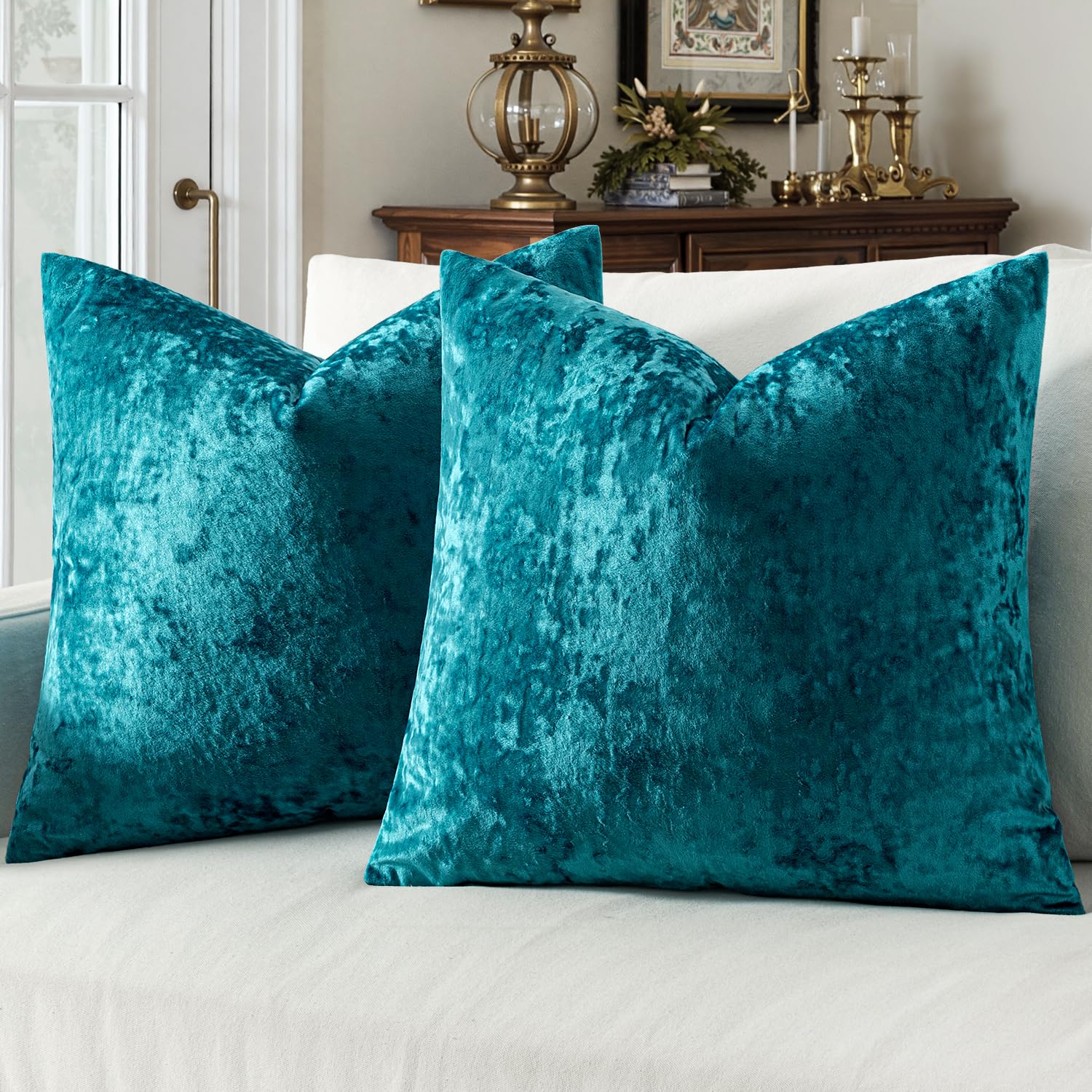 MIULEE Velvet Throw Pillow Covers Set of 2, Soft Neutral Decorative Pillow Cases with Luxurious Textured Vintage Cushion Covers for Home Decor Couch Sofa Bed,Teal Blue 18x18 inch