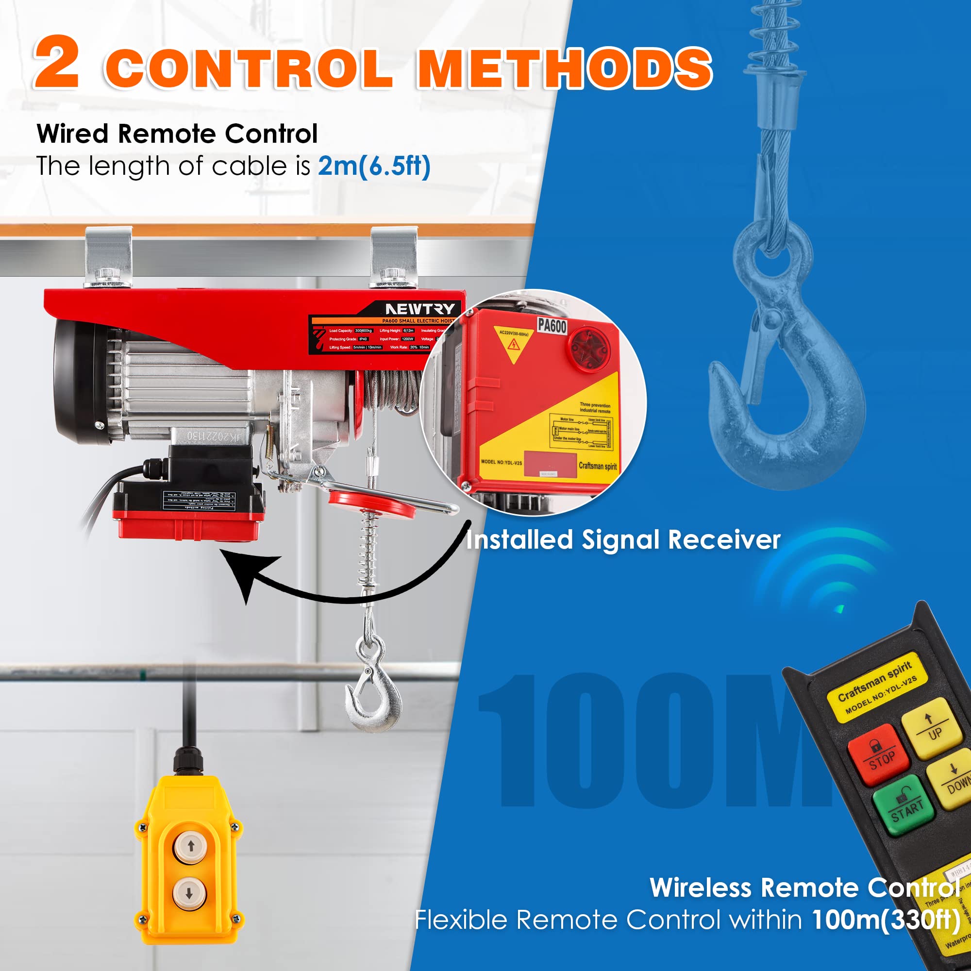NEWTRY paranco elettrico 300kg/600kg, wireless 100m, controllo a filo 2m, argano elettrico 12m/6m altezza di sollevamento, argano elettrico di piccole dimensioni per casa garage magazzino 1200W