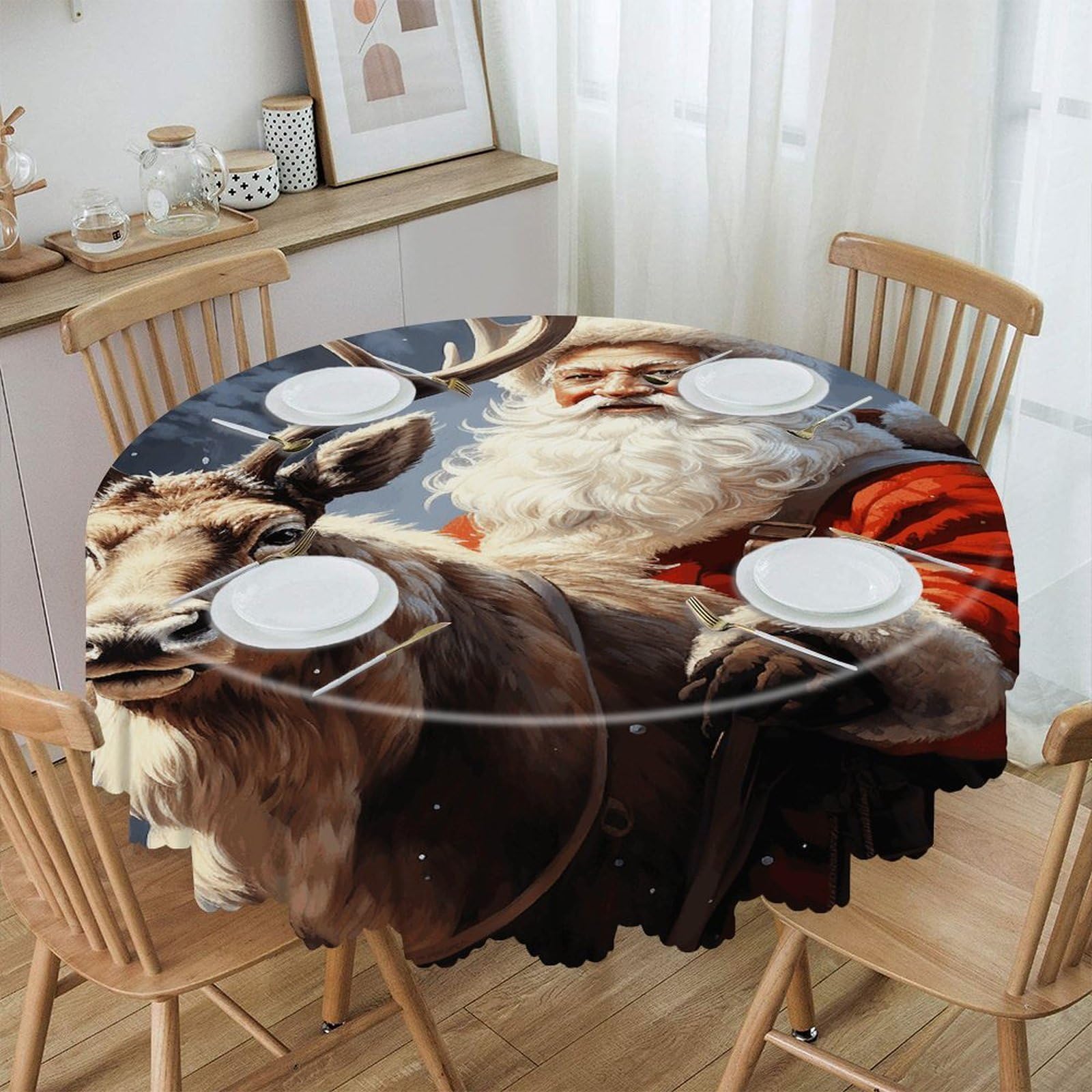 VstaDank Santa Claus and Deer Elk Round Tablecloth Premium Polyester Table Cloth Heavy Duty Washable Fabric Tablecloth Waterproof Holiday Table Cover Decorative Tablecloths for Dining 60"