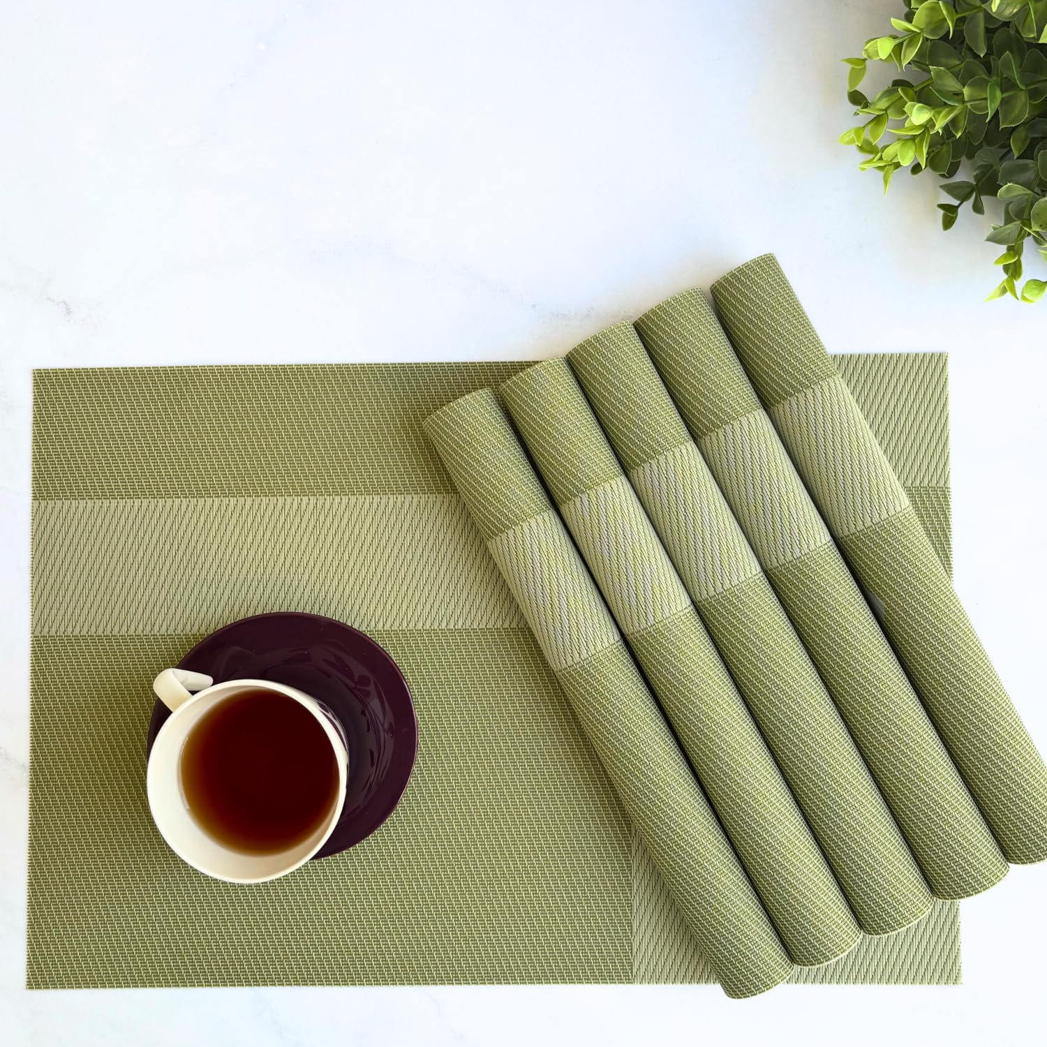 Livmodern Premium Dining Table Mats Set of 6 | Wipeable & Washable PVC Placemats | Anti Skid and Heat Resistant Designer Mats 6 Pieces - Olive Grid-image-14