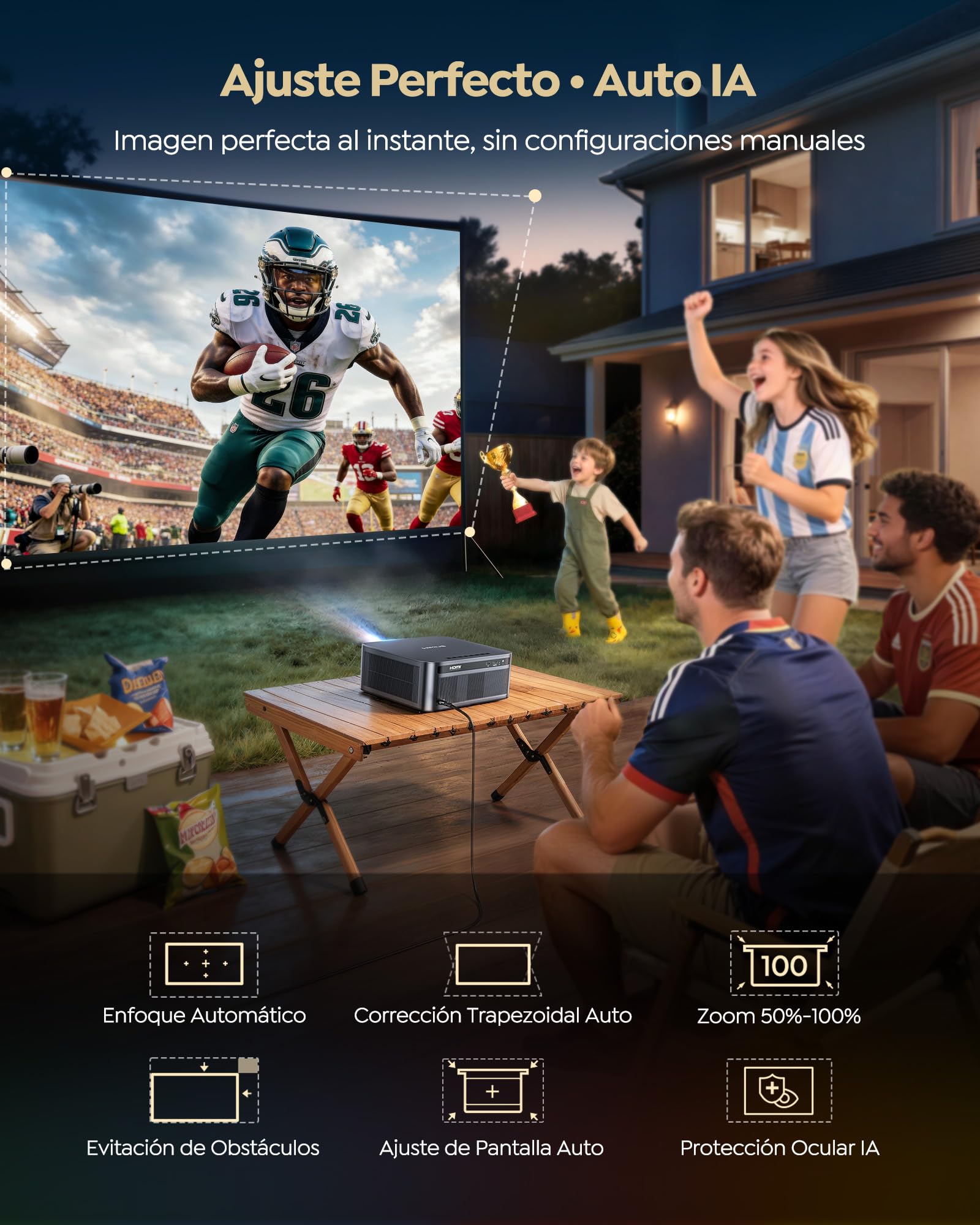 Proyector 4K | 2200 ANSI Brillo | Google TV 14.0 Integrado | Audio Dolby 40W| Proyector FHD 1080P Nativo, Enfoque Automático e IA Calibración, 2+32GB, HDMI 2.1, MEMC HDR10 para Cine en Casa y Exterior