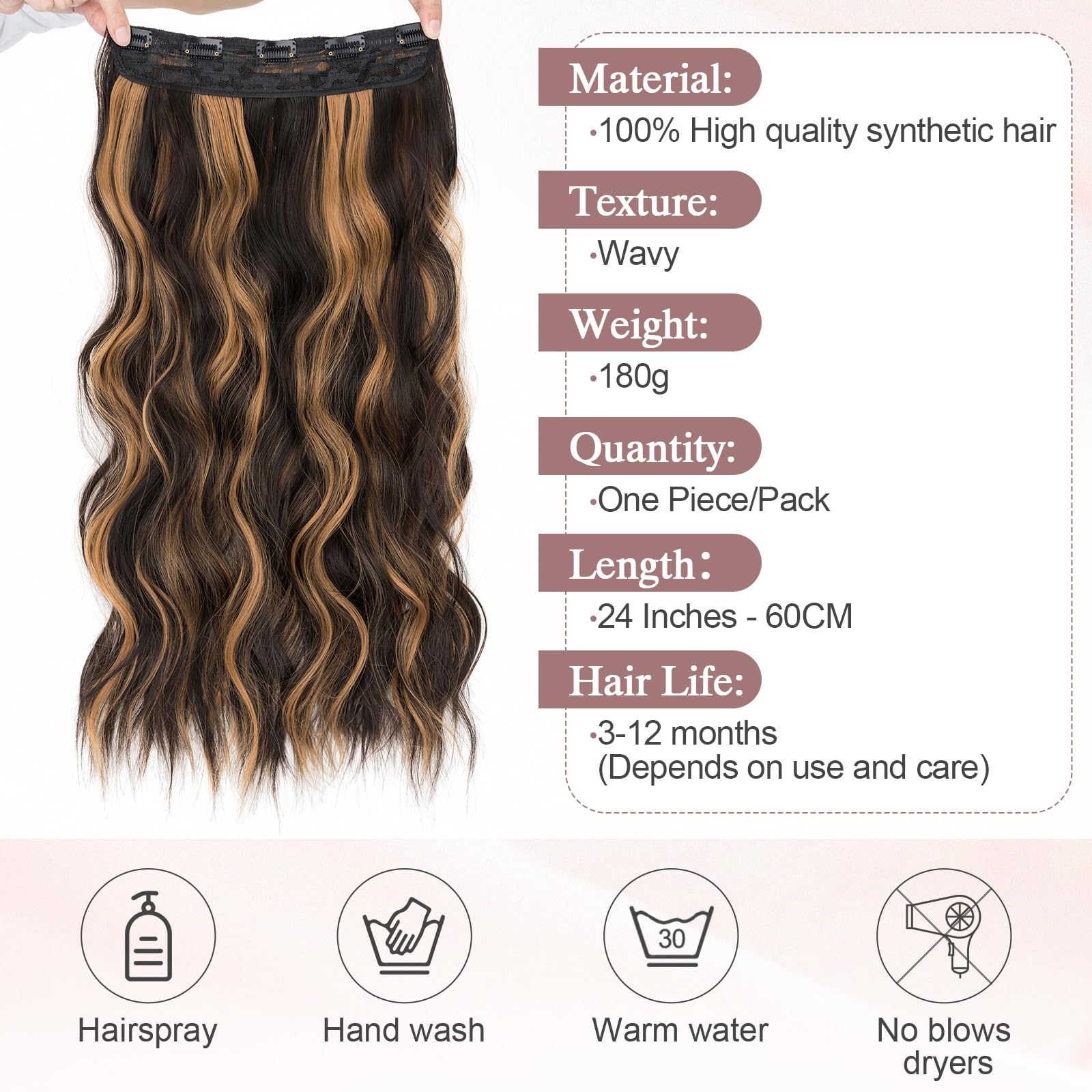 SEGO 3/4 Full Head Clip in Hair Extensions Long Wavy Synthetic Hairpiece 20 Inch One Piece Clip In Hairpiece With 5 Secure Clips - Image 2