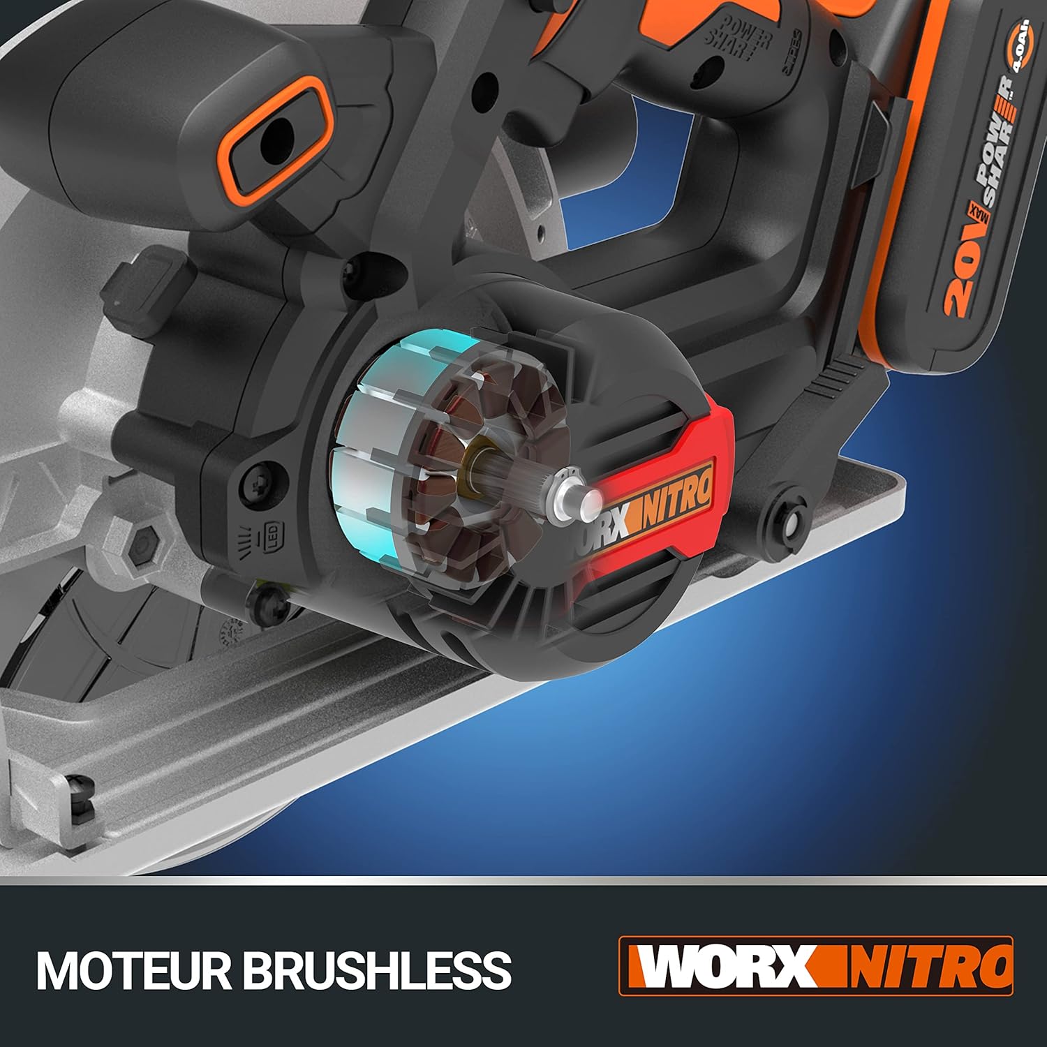 WORX Brushless Circular Saw 20V | PowerShare | WX520 | Includes 1 x 2Ah Battery and Charger | Brushless Motor, Bevel Cut, Aluminum Base, Ergonomic Grip