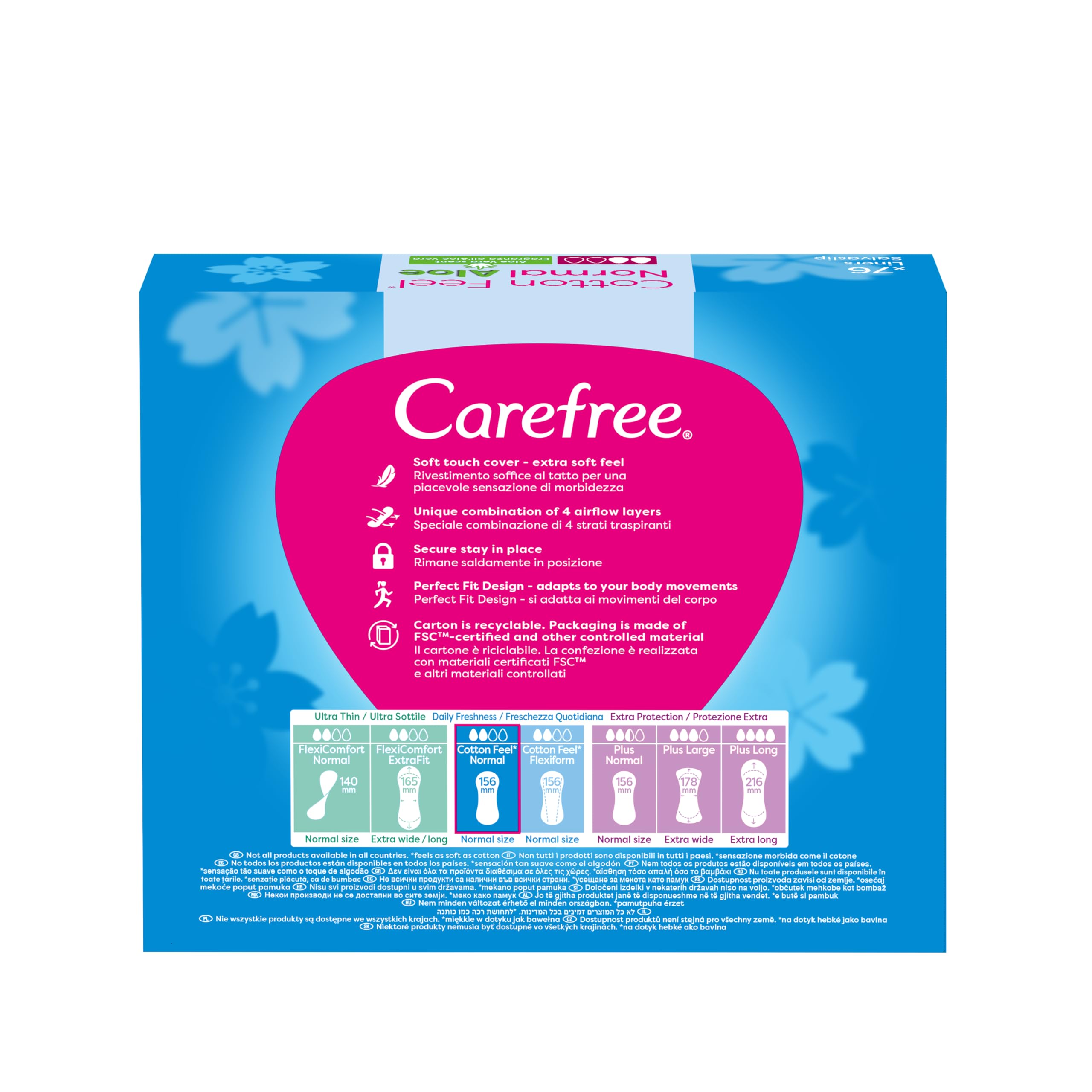 Carefree Cotton Aloe 76 szt. Wkładki higieniczne o zapachu aloesowym. Miękkie i łagodne dla skóry. Zawierają naturalny ekstrakt z bawełny. Nie zawierają barwników, niebielone chlorem.