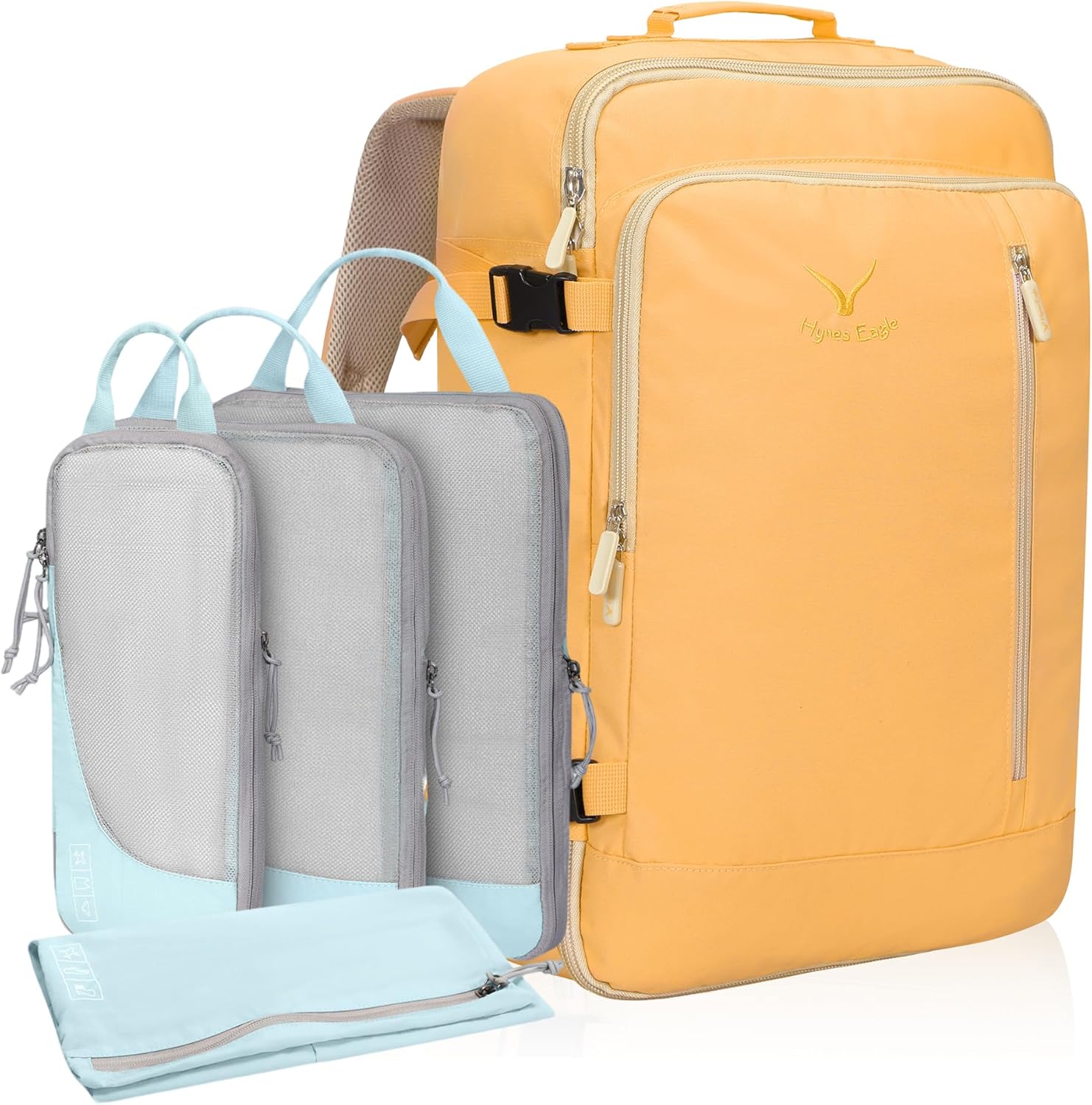Hynes Eagle Carry on Backpack 38L Large Travel Backpack Women Flight Approved Weekender Bag Men Laptop Bag 15 inches Yellow with Compression Packing Cubes Set 4PCS Light Blue