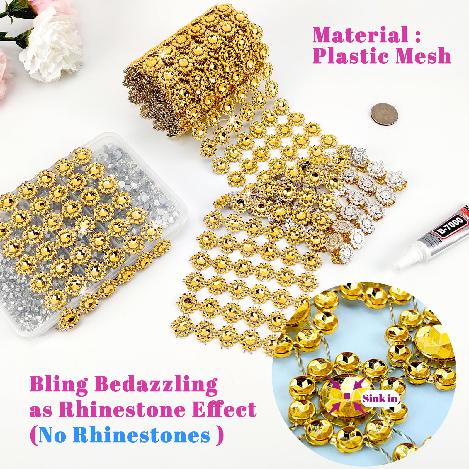 Yhsheen Flower Rhinestone Ribbon, 4In X 3Yards 6Rows Rhinestone Mesh Fabric, Bling Rhinestone Ribbon Roll for Crafts, Mum Ribbon Rhinestone Wrap Trim, Glod