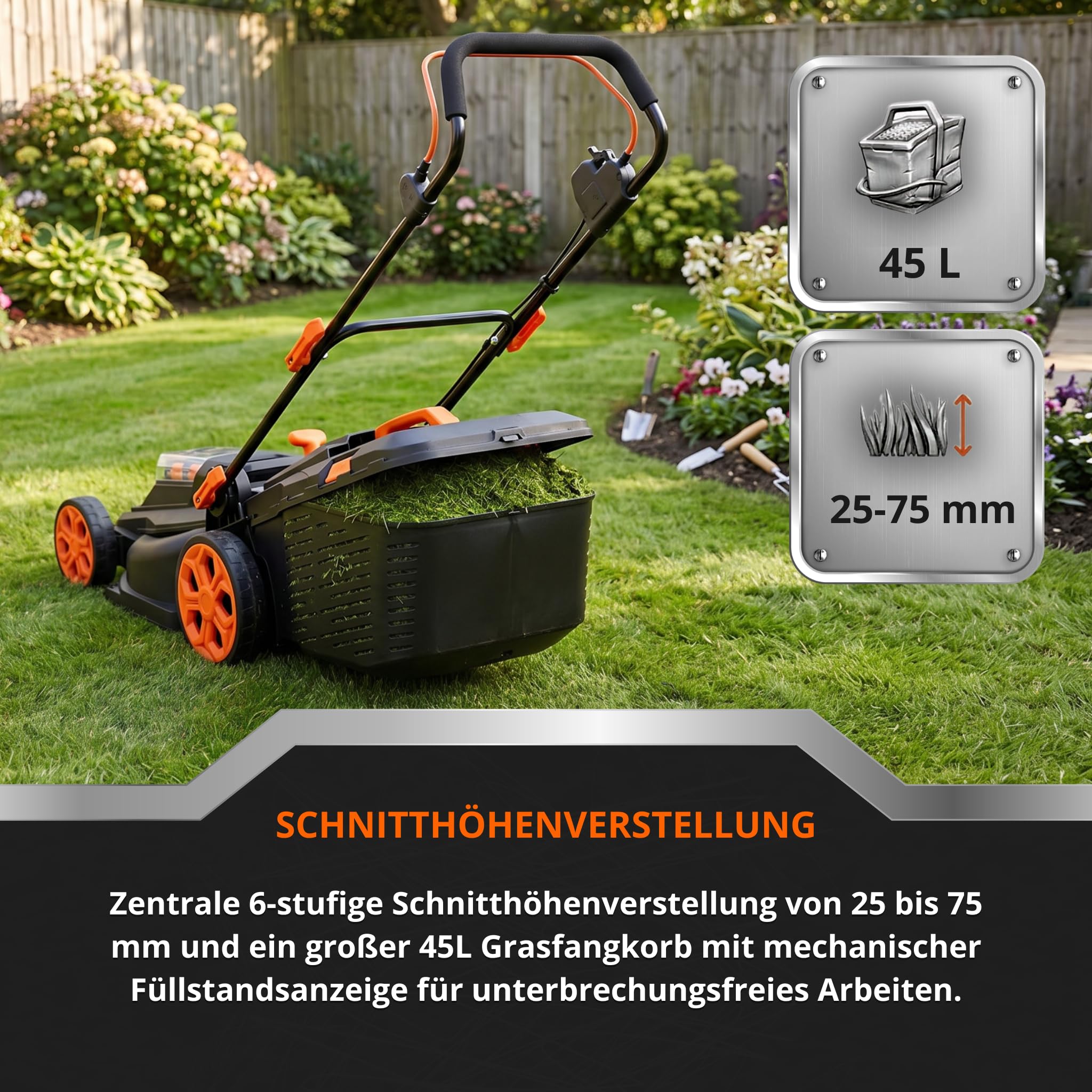 TOP CUT TC-LB-38-40V | Akku Rasenmäher Bürstenlos 38cm | 2X 4Ah Akku Doppel Ladegerät 45L Fangkorb 6 Stufen Schnitthöhe | Leichter Elektro Rasenmäher Schnurlos für Garten und Rasenpflege
