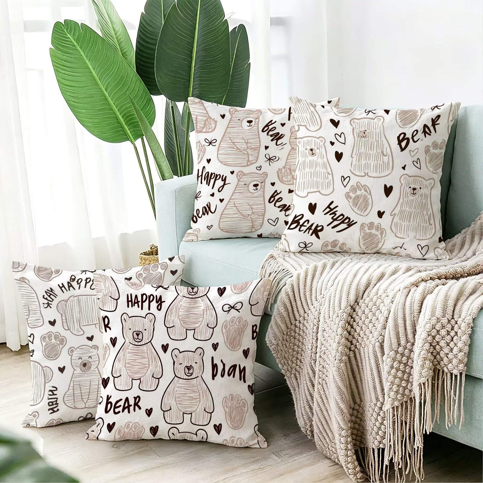 Coussin Exterieur Impermeable Beige, Taie Oreiller 60x60 Set de 4, Cod-3742