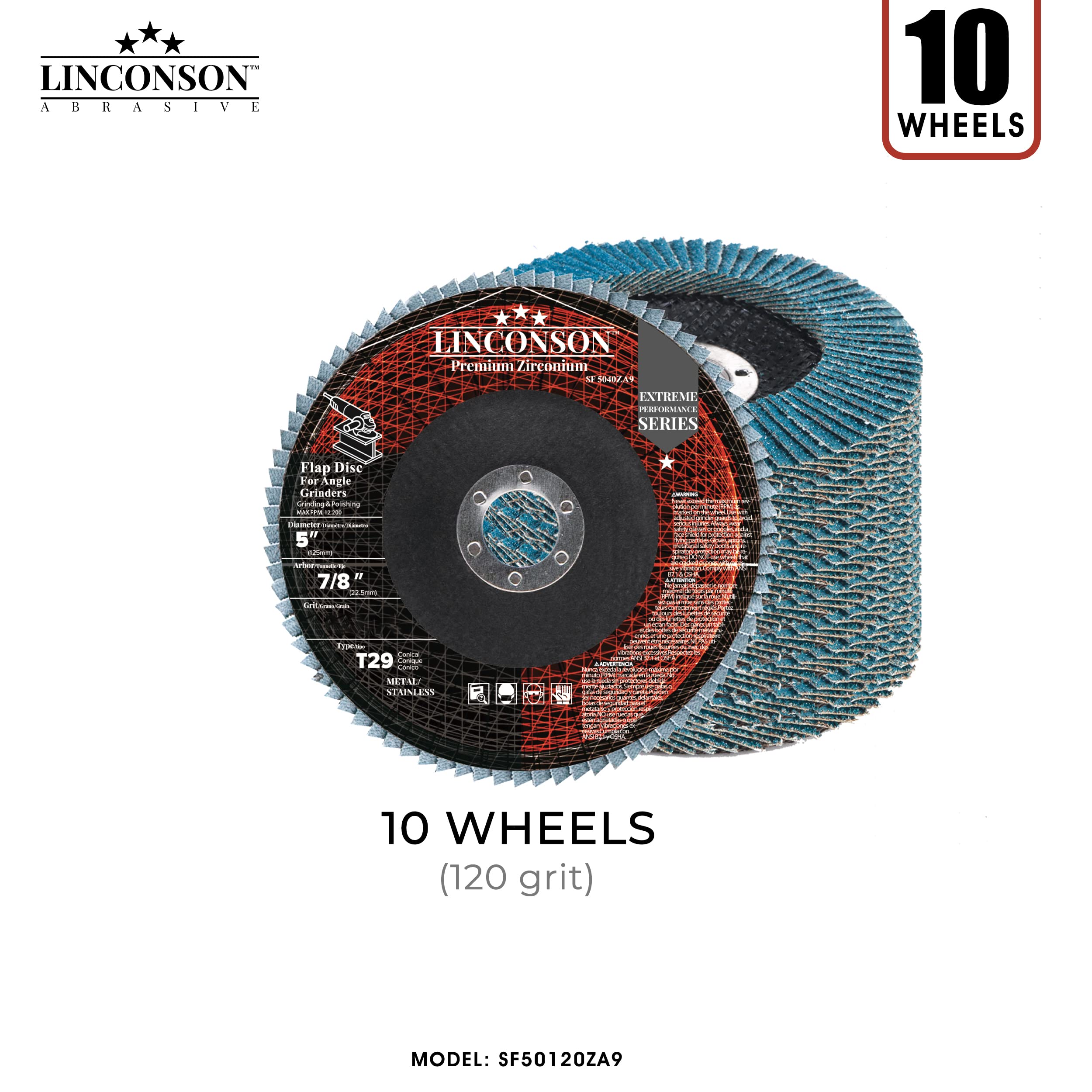 LINCONSON Paquete de 10 muelas abrasivas de circonita de grano 120 de 6 pulgadas y disco de lijado de solapa para metal y acero inoxidable 7/8 pulgadas eje T29 cónico (SF 60120ZA9), serie de