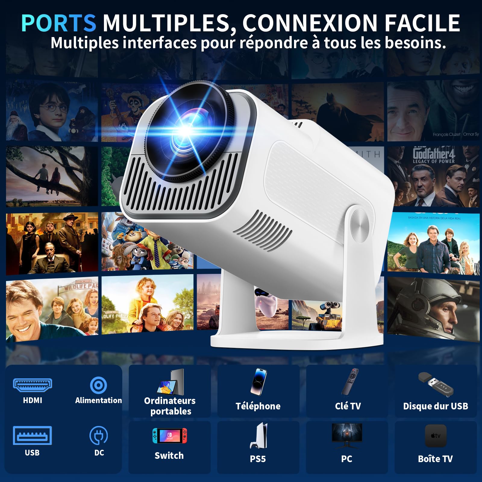 Vidéoprojecteur 4K 1080P WiFi 6 Bluetooth 5.2 Projecteur Trapézoïdale Automatique 270° Rotation HDMI Blanc