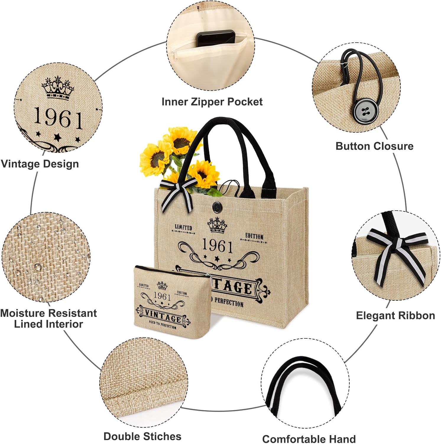 YeohJoy 65th Birthday Gifts for Women Reusable Grocery Bag, Unique 65 Years Old Gifts for Mom Wife Grandma Friends Sister Her, Vintage 1961 Bag & Cosmetic Bag & Back in 1961 Poster - Image 3