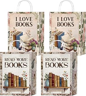 Wxiben Book Themed Party Decorations - 16 Pcs Book Club Party Favor Bags, Vintage Flower Goodie Candy Wrapping Paper Bags with Handles, Reading Theme Decor Supplies for Girls Women