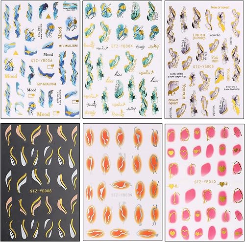 Miniatura 7 de Calcomanías de arte de uñas con ondas de mármol, diseños de calcomanías de transferencia de arte de uñas de línea francesa, geometría 3D, línea