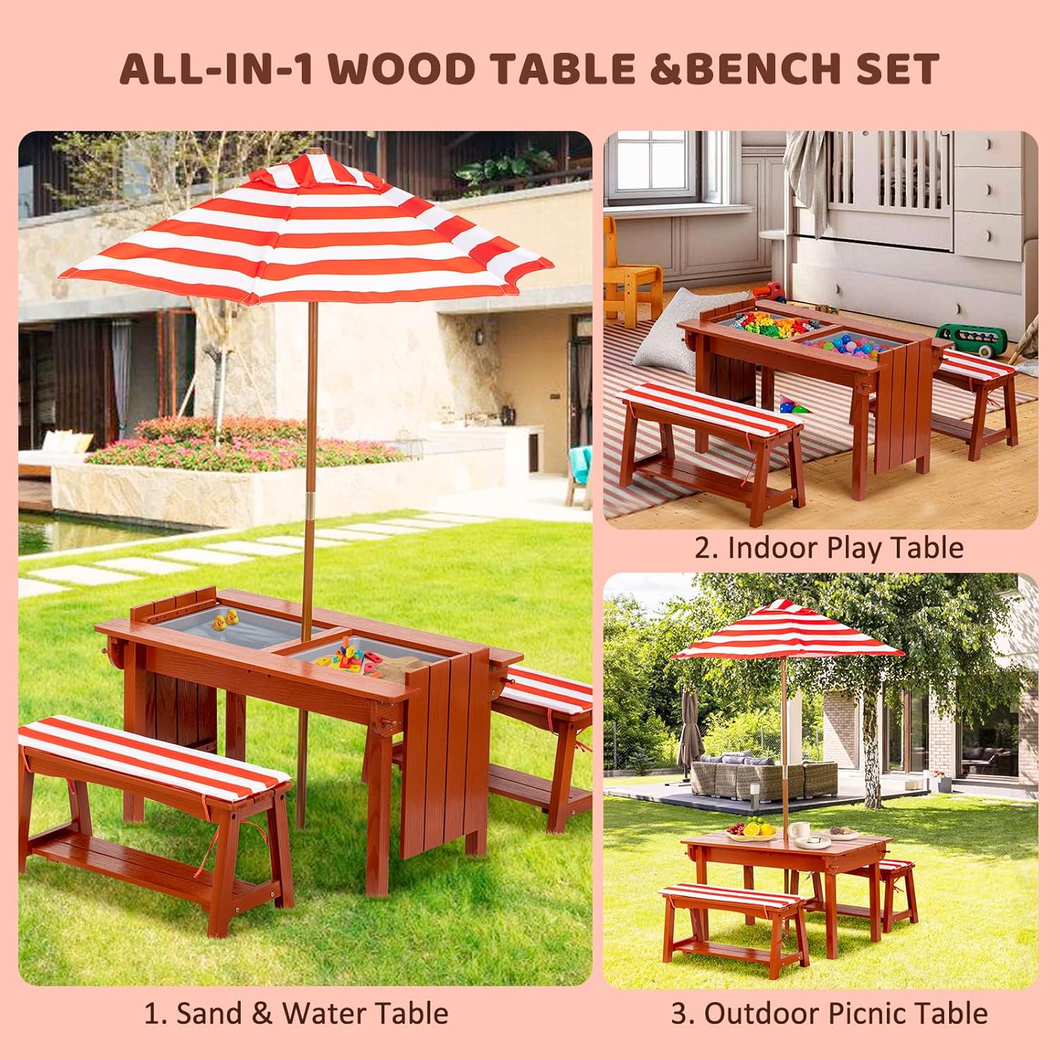 Kids Picnic Table with Umbrella, Outdoor Wooden Table & Bench Set w/Cushions & 2 Removable Boxes, 4-in-1 Children Sand and Water Activity Furniture w/Storage Cover for Patio, Garden