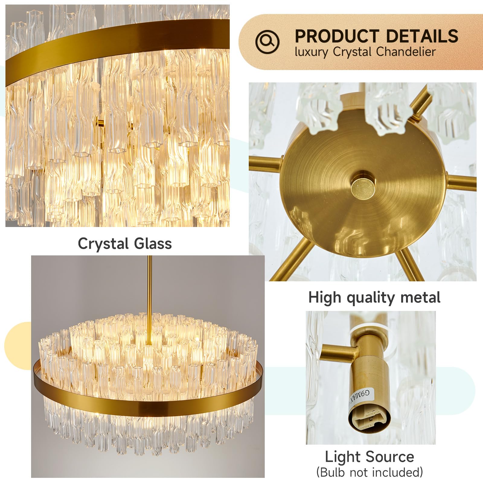 Gold Kristall-Kronleuchter, bündig montierte Kristall-Deckenleuchte, runde Kronleuchter-Pendelleuchte für Wohnzimmer, Kücheninsel, Esstisch, Flur, G9 x 12 Leuchten, 60 cm