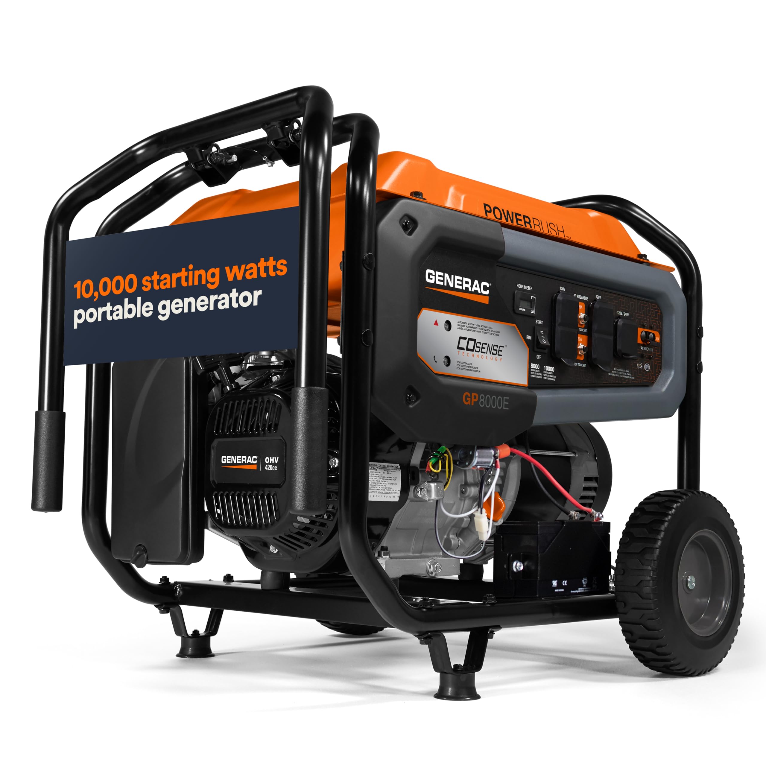 Generac 8,000-Watt Gas-Powered Portable Generator - Electric Start with COsense - PowerRush Advanced Technology - Reliable Power for Emergencies, Recreation, Home - 49 State Compliant - Orange/Black