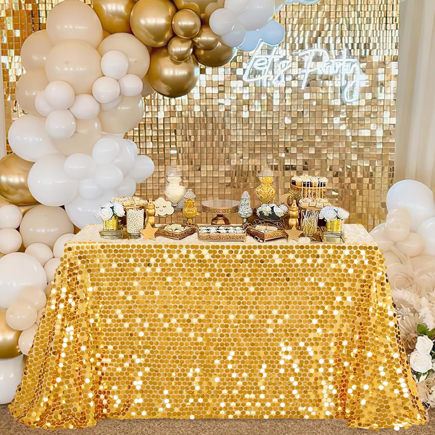 B-COOL Gold Sequin Tablecloth Party Glitter Christmas Table Cloth Big Payette 50x102 Inches Table Overlays for Birthday Holiday Baby Shower Anniversary Holiday Dinning Decoration