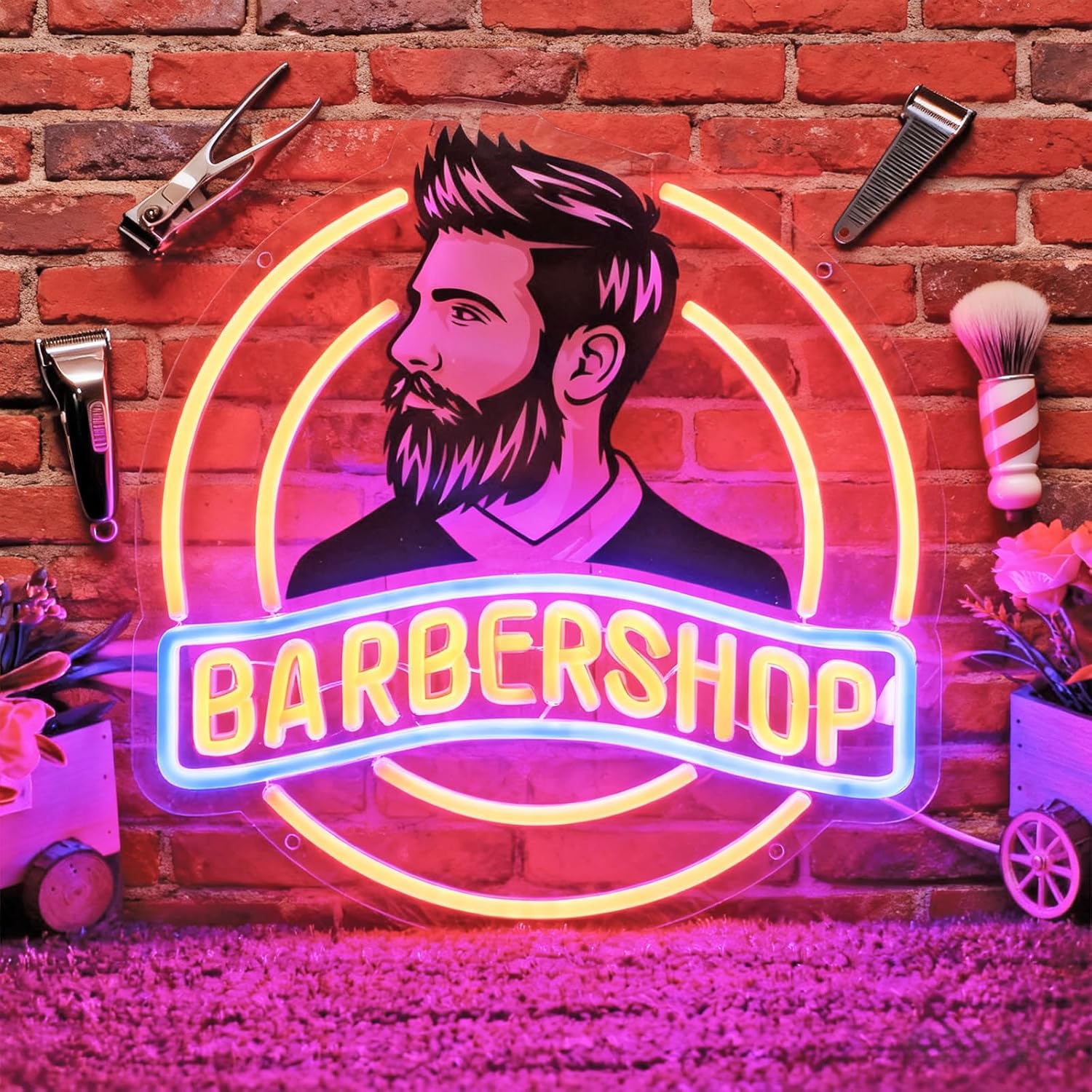 Barbershop Neon Sign, Barber Accessories LED Sign for Wall Decor, Barber Supplies, Hair Salon Decorations, 13.6"x13", Dimmable, USB Powered