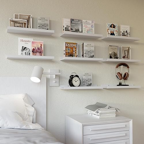 Miniatura 2 de RICHER HOUSE Juego de 8 estantes flotantes montados en la pared, estantes colgantes para libros con borde para almacenamiento, estante blanco para