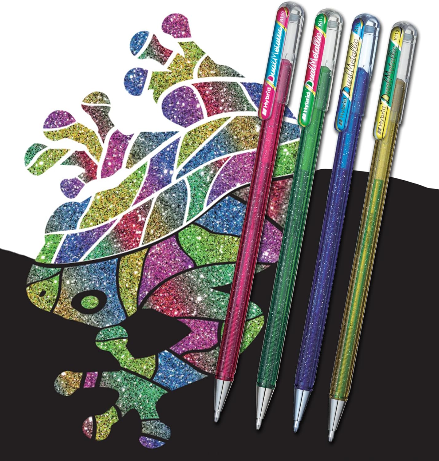 Pentel Hybrid Dual Metallic Gel Ink Rollerball Pens Pastel Metallic K110, Light Purple + Red & Metallic Blue, Pack of 12