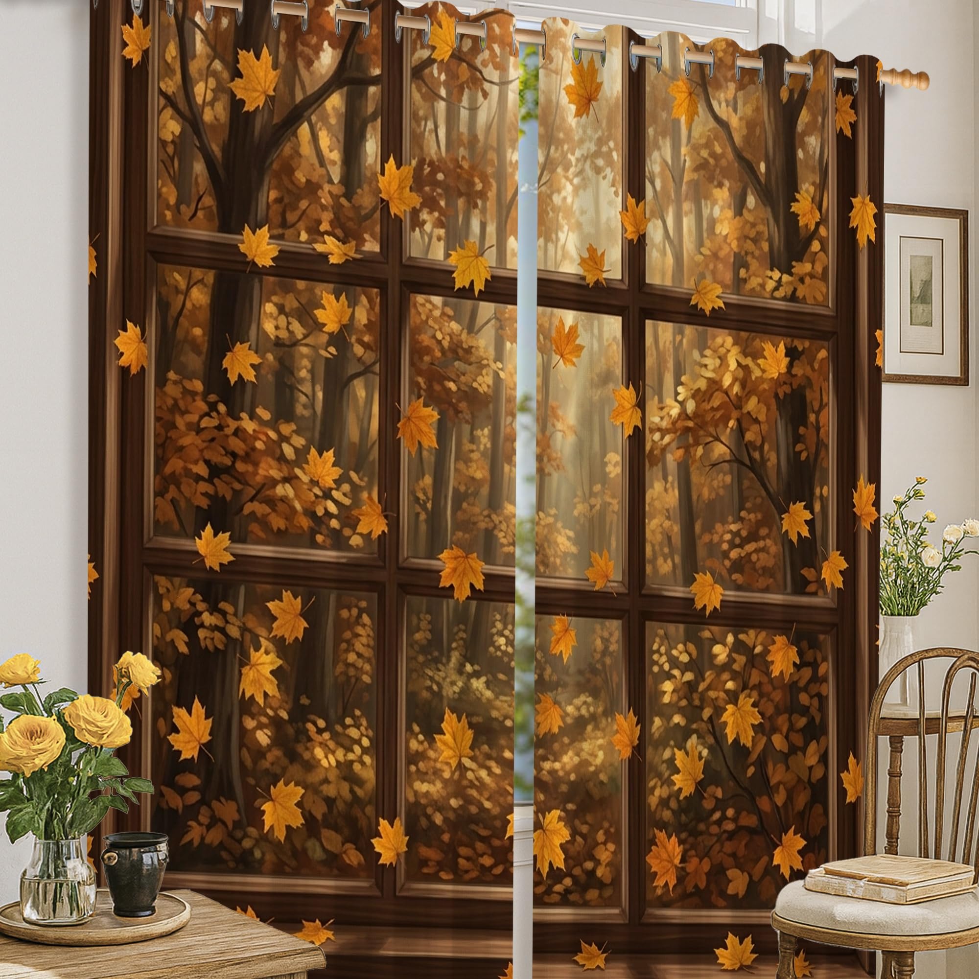 Rideaux occultants motif feuilles orange automne style rustique de 160 cm