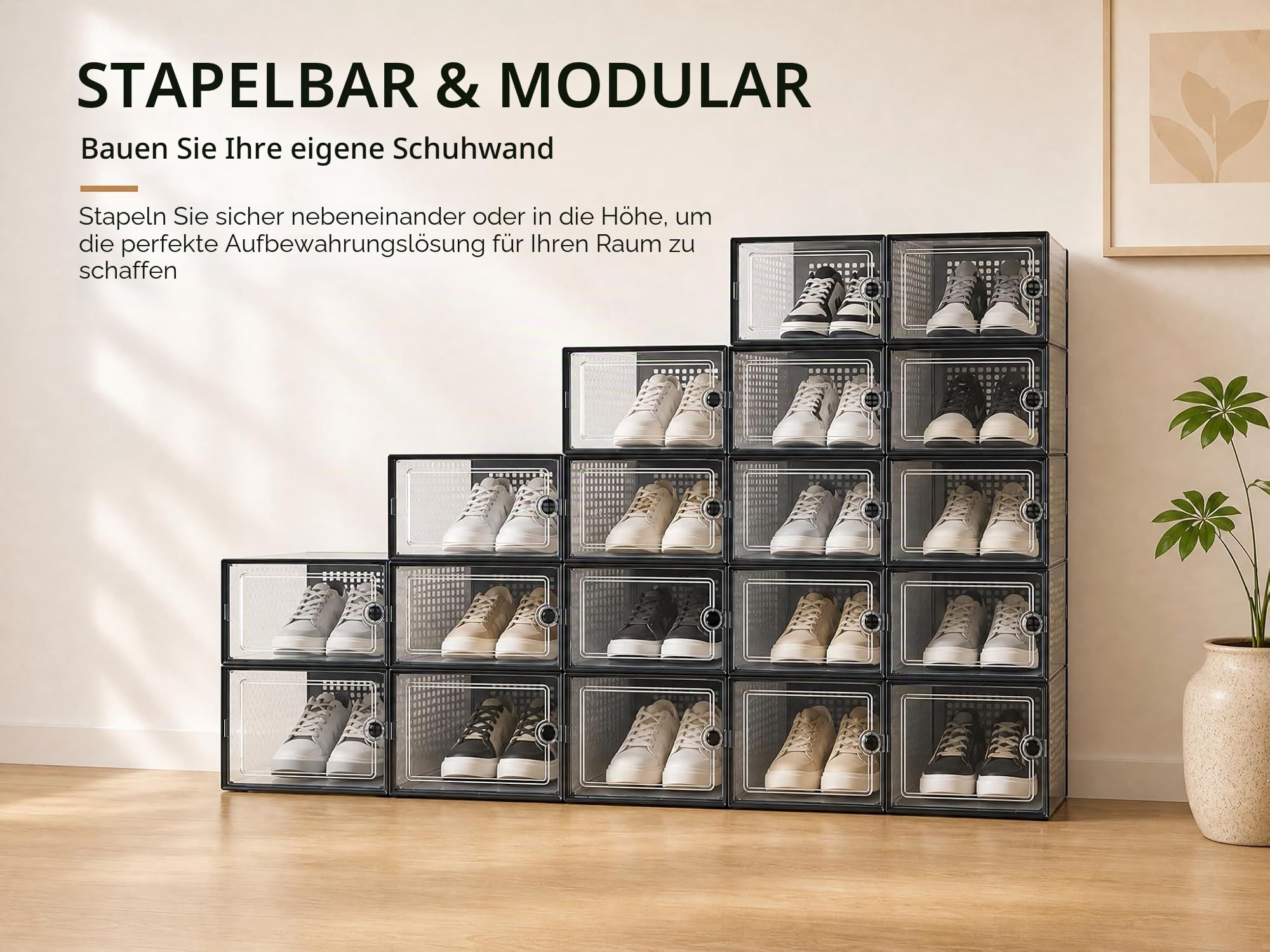 Kuject Große Schuhboxen für Schrank, passend für Größe 46, transparente Kunststoff-Stapelbare Sneaker-Behälter mit Deckel, großartiger Ersatz für Schuhregal, schwarz, 12 Stück
