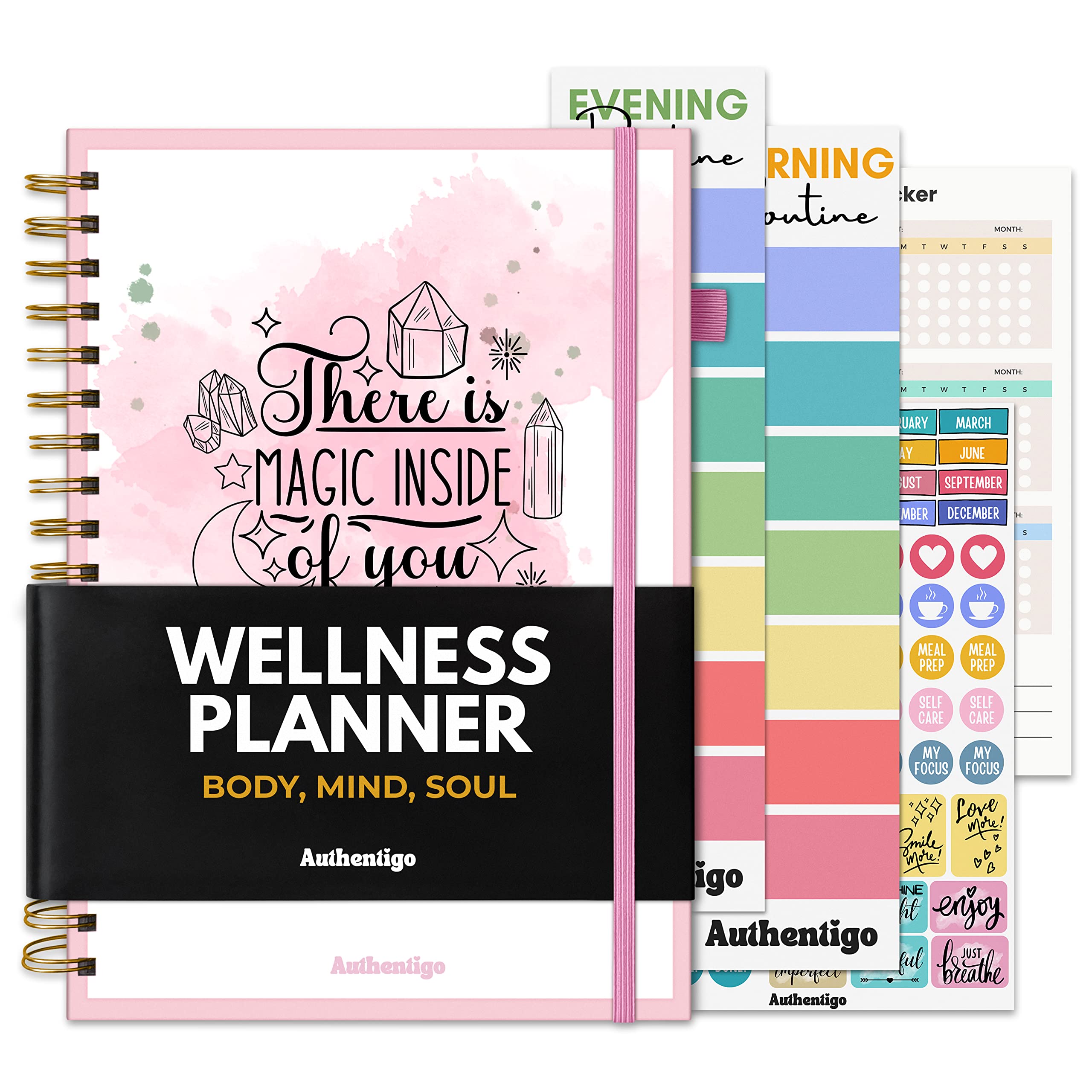 Planer wellness – dziennik samoopieki z programem do śledzenia diety odchudzającej, fitnessu i osiągania celów zdrowotnych, bez daty, 18 x 25 cm, magiczne wnętrze