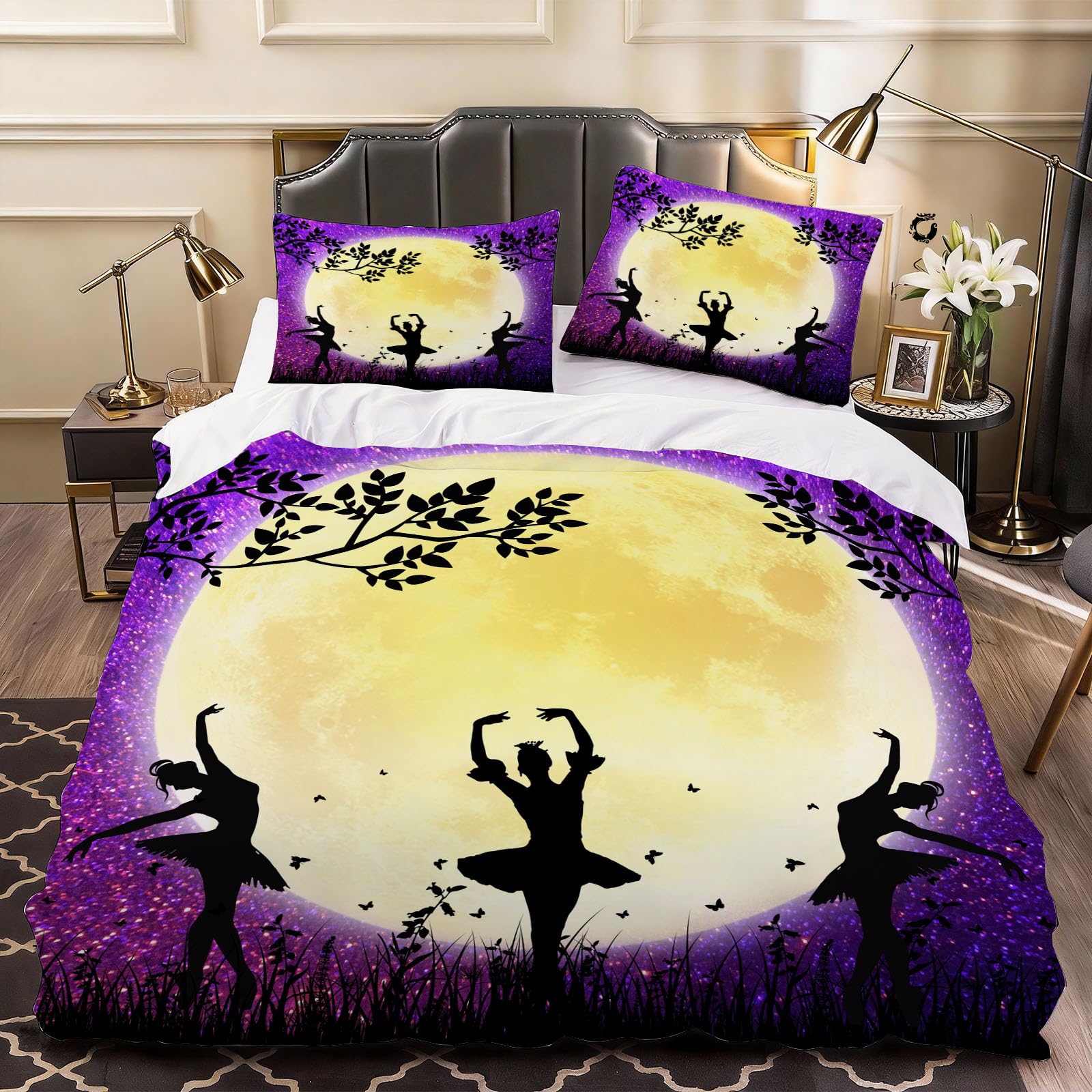 3D Cartoon Ballerina Duvet Cover Silhouette Bedding Super King Bed Set, Soft Microfiber Comforter Cover Printed with Zipper Closure Quilt Coverr 260x220 cm and 2 Pillowcases