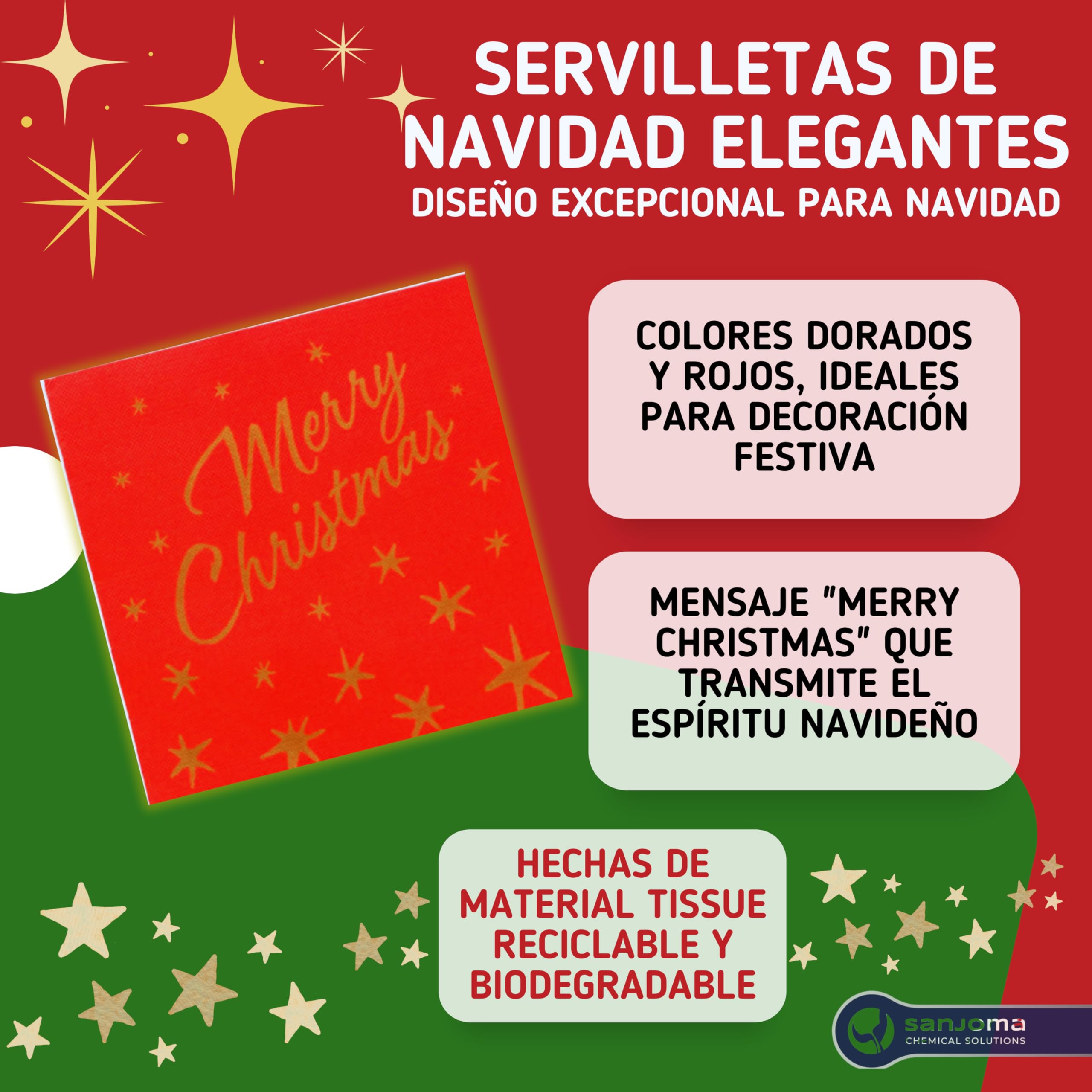 SANJOMA | 1000 Servilletas Doble Punto Papel Navidad | Servilletas Decoradas Merry Christmas Reciclables, Biodegradables | Roja Y Oro 40x40 cm, 18 g/m² | Certificado Ecolabel y FSC (1000, Rojo y Oro)