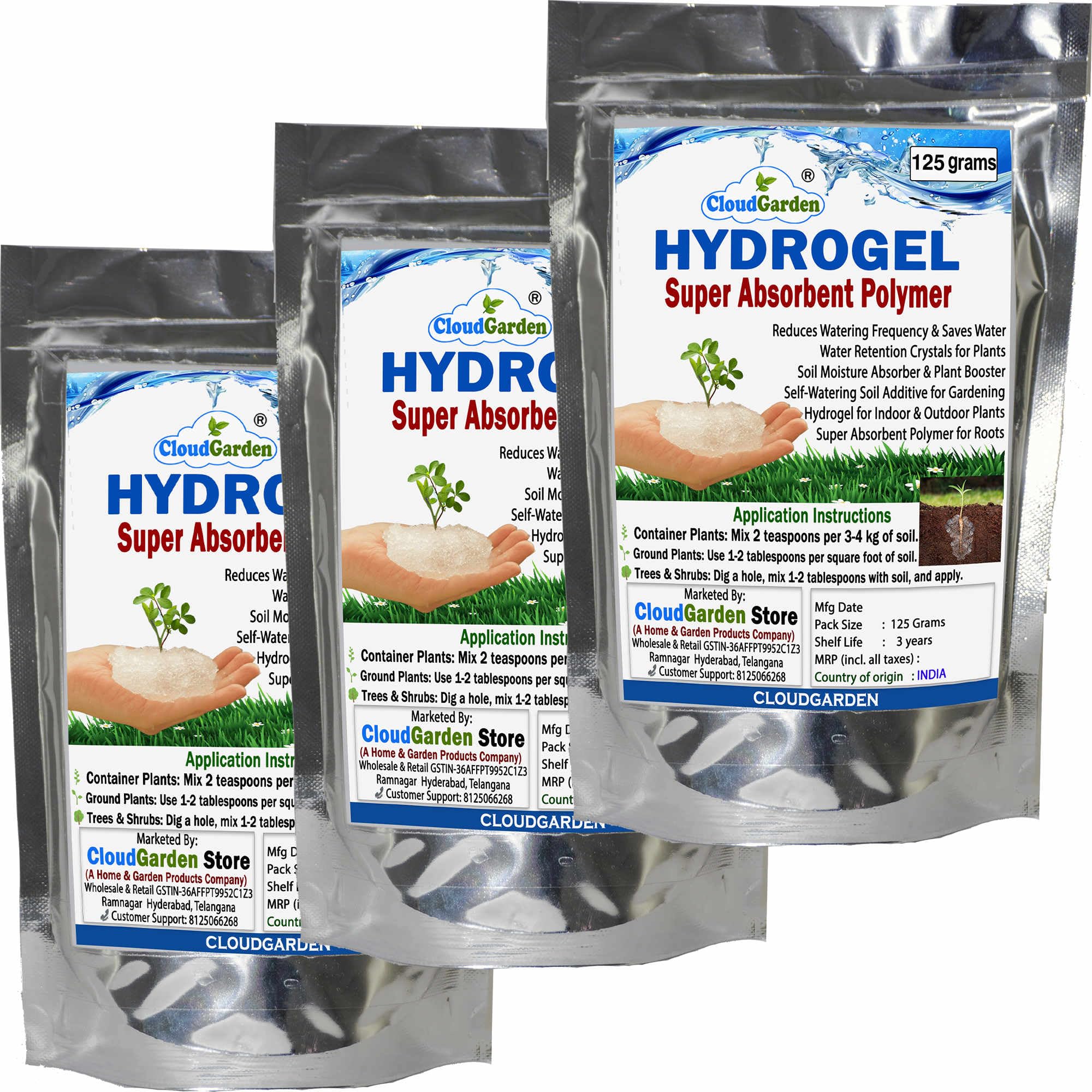 CloudGarden Hydrogel Crystals – 125g x 3 Reduces water stress in plants; ideal for grow bags, raised beds, nursery trays & kitchen garden use in summer and dry climates