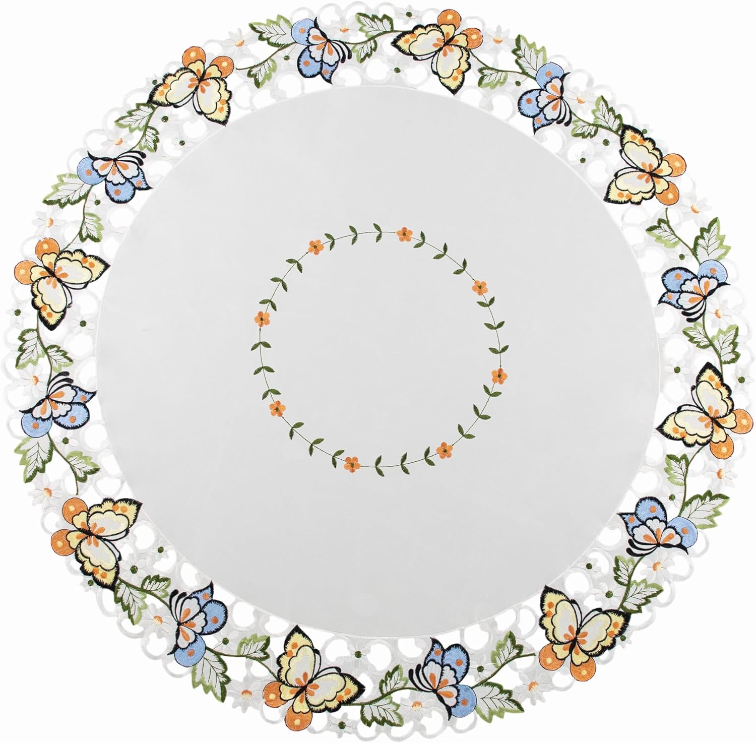 LINENS ART AND THINGS Embroidered Table Topper Colorful Butterfly on Ivory Large Doily Table Centerpiece Runner (33 Inch Round)