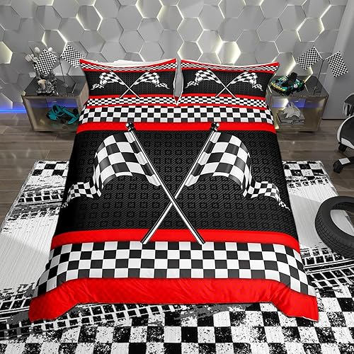 Juego de ropa de cama con temática de autos de carreras tamaño Queen, juego de funda de edredón con bandera a cuadros en blanco y negro para niños y