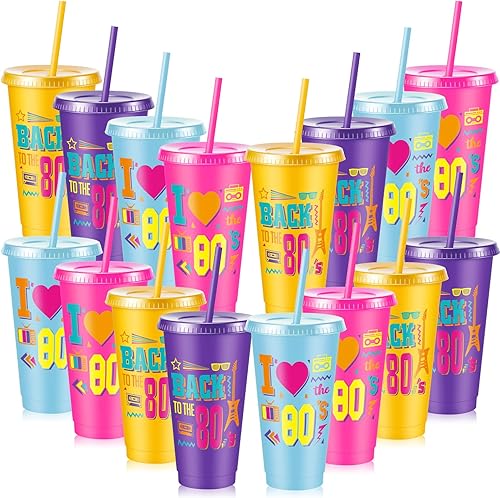 Uiifan 16 vasos reutilizables de cumpleaños de los años 80 con tapas y pajillas, multicolor, de 24 onzas, suministros divertidos para fiestas de los