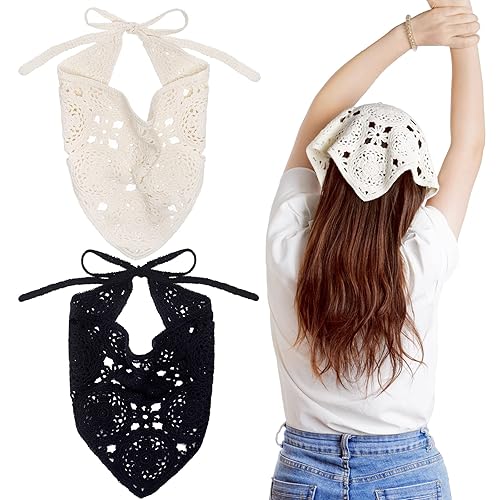 2 bandanas de ganchillo para la cabeza, bufanda para el cabello, bufanda para el cabello para mujeres y niñas, accesorios de punto floral para el
