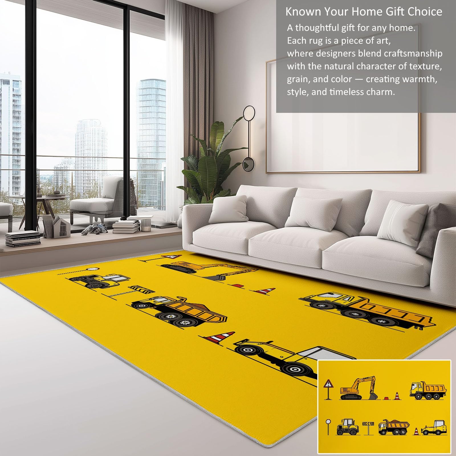 Tappeto Salotto Veicolo Da Costruzione Giallo 80x150cm Morbido Tappeto Scendiletto Camera da Letto Tappeti Lavabili per Soggiorno Cameretta Bambino Ufficio