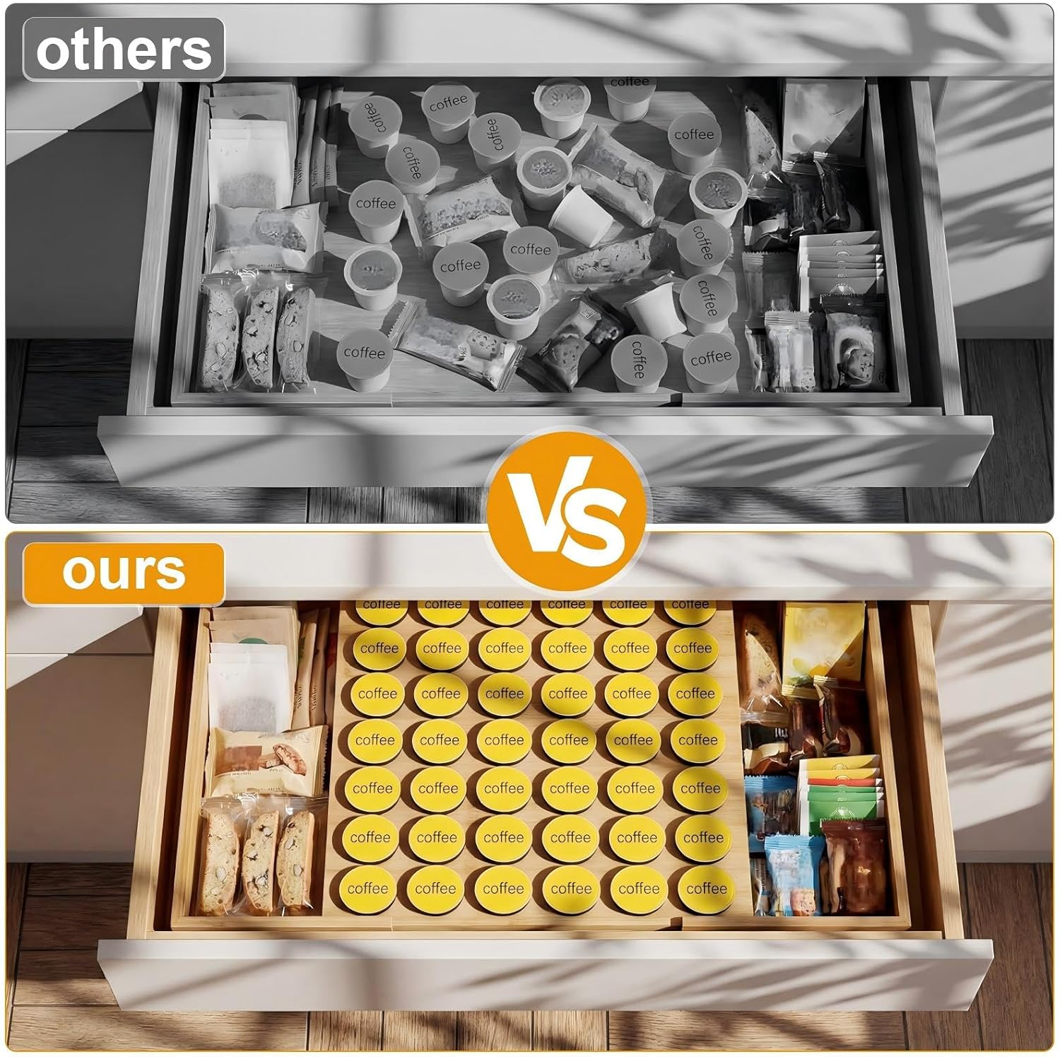 SiliFine Bamboo Pod Holder Compatible with K Cup, 42 Pod Capacity Drawer Organizer, Expandable Coffee Capsules Storage for Tea Bags, Espresso Capsules, Home Office Kitchen Accessories