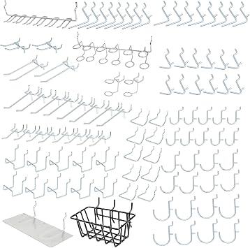 HILTEX 53108 100 Piece Metal Peg board Hooks and Accessories Set, Pegboard Hooks Assortment, Bins & Hooks for Crafts, Organizer for Garage, Peg Board Tool Utility Hooks, 1/4 Pegboard Hooks Accessories