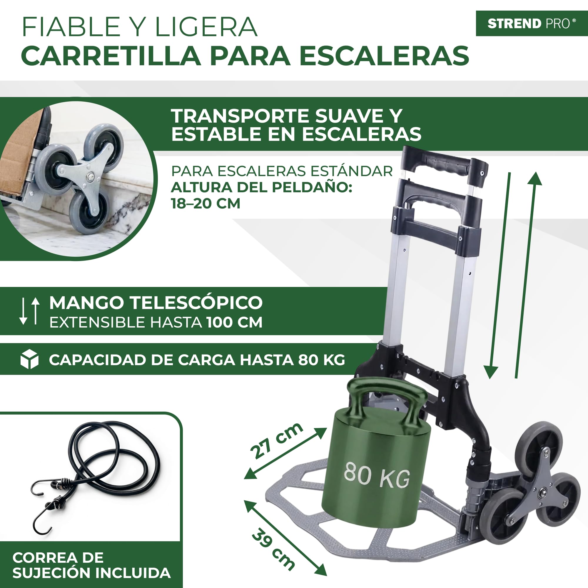 STREND PRO Carretilla Sube Escaleras 80kg | Carretilla Plegable con Sistema de 3 Ruedas | Carro Robusto para Escaleras & Peldaños | Carretilla Regulable en Altura & Compacta