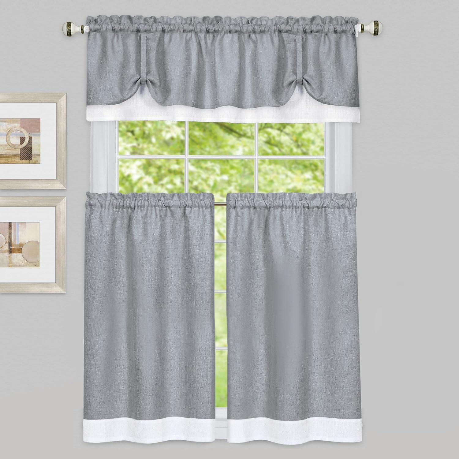 Collections Etc Darcy Two-Tone Rod Pocket Café Curtain Tiers - 2 Piece Set, Grey, 58" X 36"