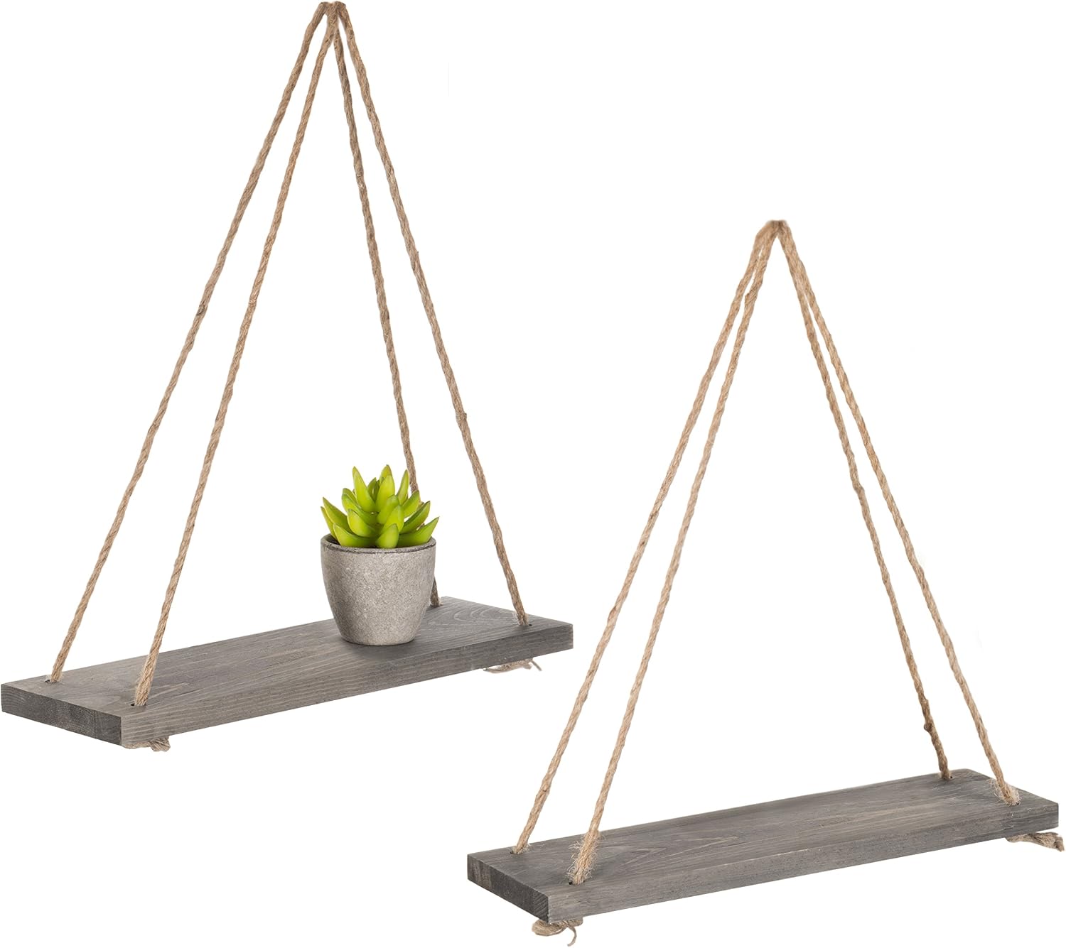 MyGift 17-Inch Rustic Gray Wood Rope-Hanging Floating Shelves, Set of 2
