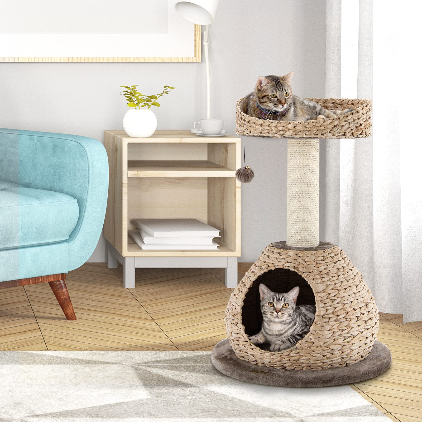 GOPLUS Arbre à Chat 72 CM en Tige de Massette, 2 Niveaux, avec Plateforme, Niche, Poteaux en Sisal, Coussin Souple, Boule pour Chats et Chatons, Marron et Beige