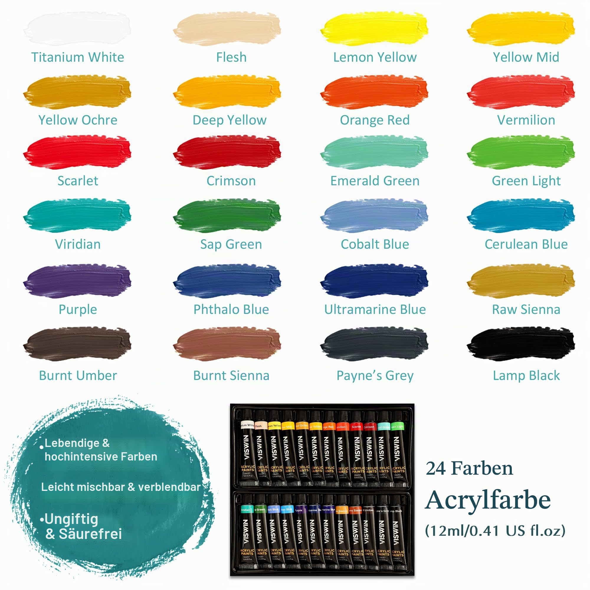 VISWIN 62-teiliges Acrylfarbe Set mit Staffeleikoffer, Malset mit 24 Acrylfarben, Leinwände, Pinsel & Block, Mal Set für Erwachsene, Kinder, Anfänger