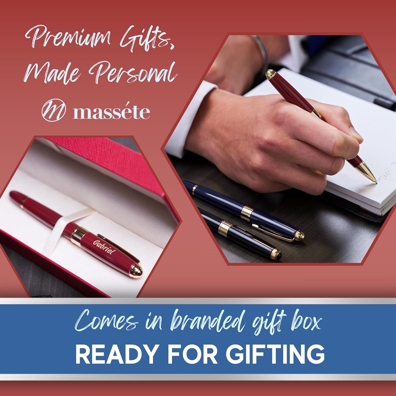 Massete Venero Executive Classic Luxury Ballpoint Pen, Glossy Navy Blue with 23K Gold Plated Trim, Twist to Open, Engravable, Presented in Gift Box, Extra Refill Included, Medium Tip, Black Ink