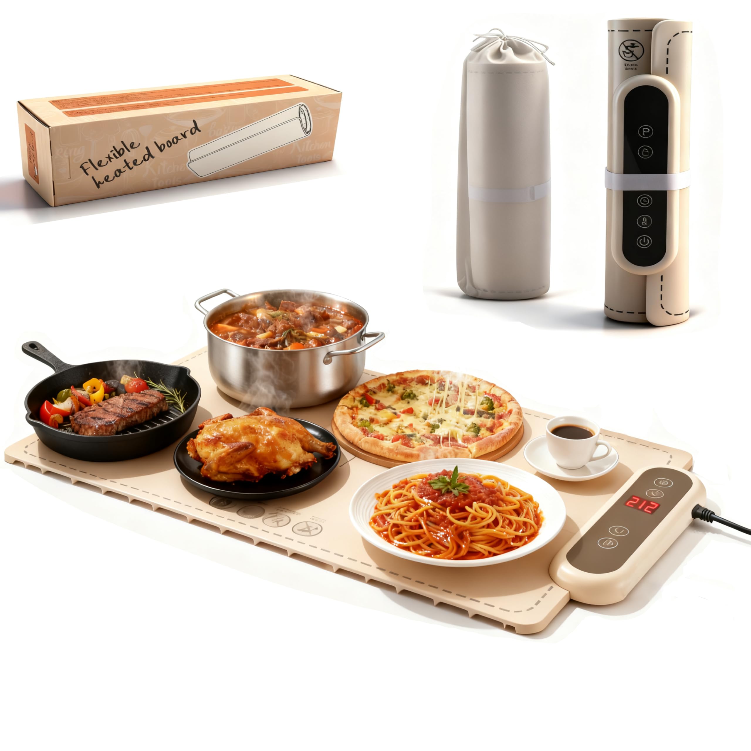 Bandeja de Calentamiento de Silicona, Bandeja Calentador de Comida Portátil Plegable, 6 Temperatura & 4 Temporizadores Auto-Apago, Cerradura Niños ,Calienta Platos para Familia, Fiestas, Eventos