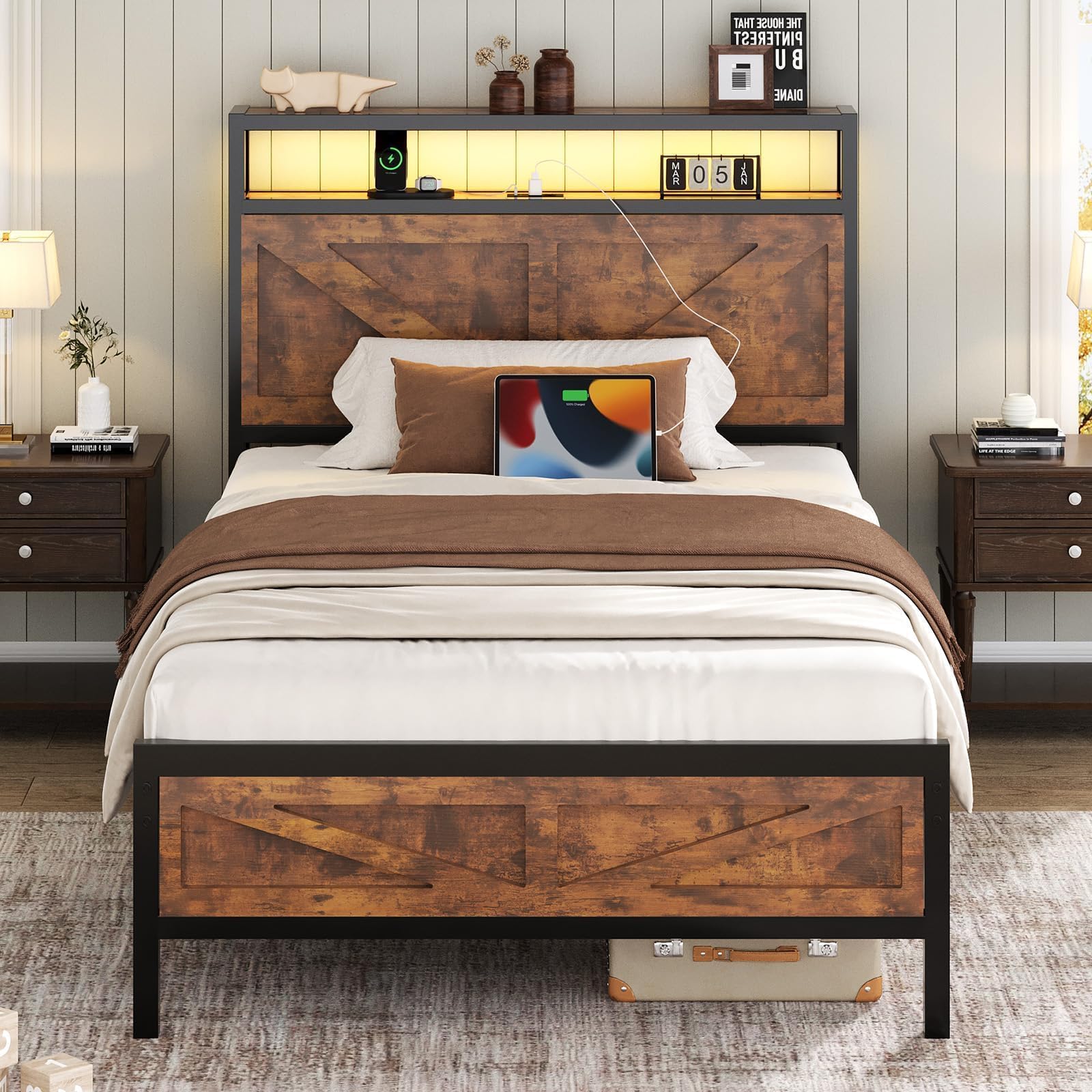 Twin Bed Frames with Charging Station, Twin Size Metal Platform Bed Frame with LED Lights, Farmhouse Barn Doors Design, Storage Headboard, No Box Spring Needed, Noise-Free, Rustic Brown
