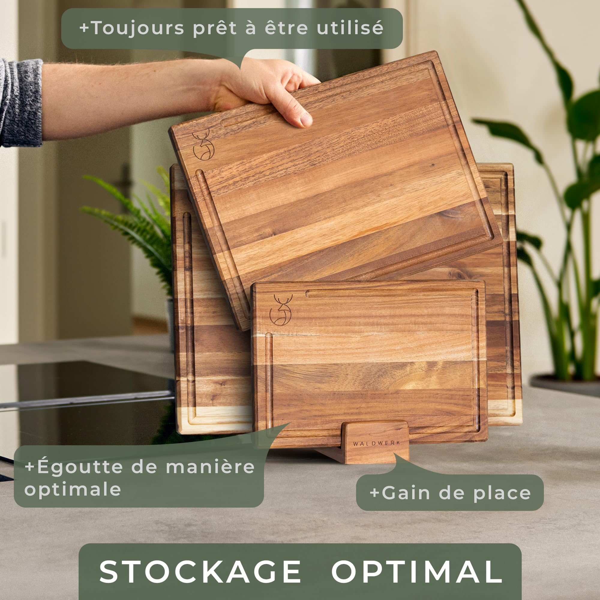 WALDWERK 3 Planches à Découper (40x30 / 33x24 / 26x18cm) en Acacia Massif - Plances à Découper en Bois - Planches de Bois de 2cm d’Épaisseur - Planches à Découper avec Design Élégant