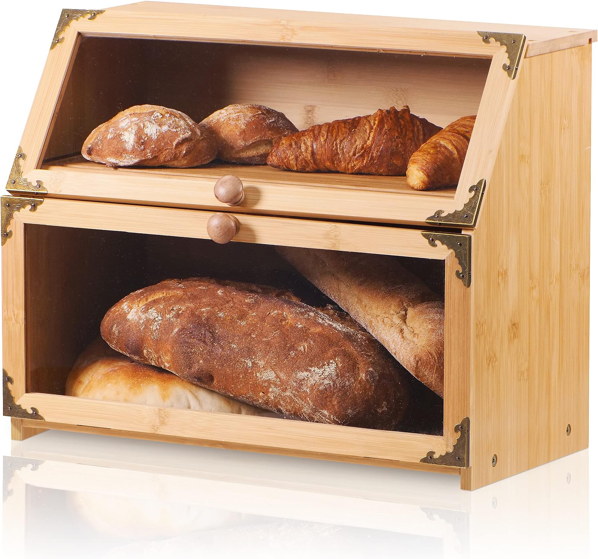 Large Bamboo Bread Box with Cutting Board for Kitchen Countertop. Rustic Double Layer Bread Storage Container with Clear Windows. (Self-Assembly)