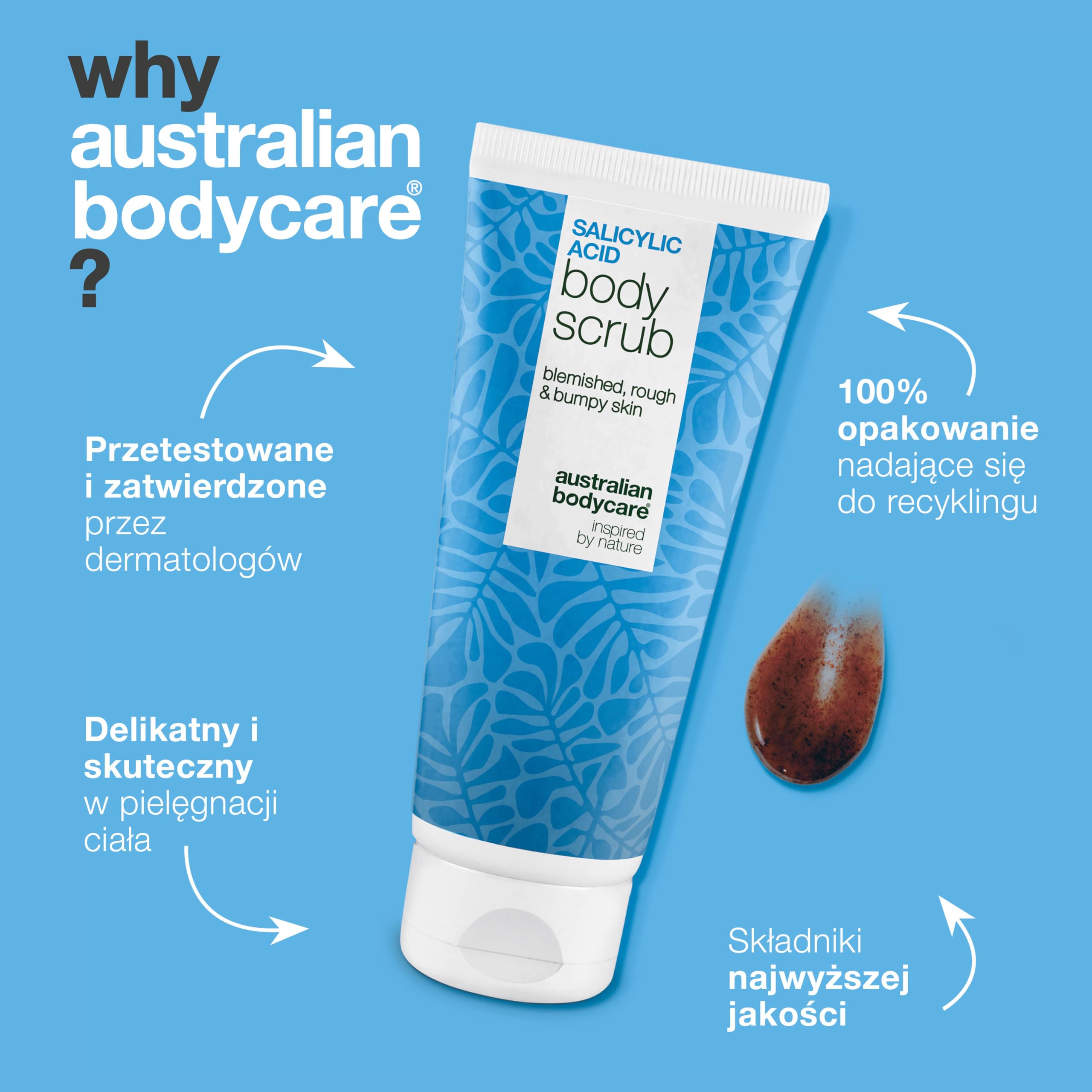 Peeling do ciała z kwasem salicylowym na trądzik, zaskórniki i niedoskonałości na plecach, pośladkach i ciele – usuwa martwy naskórek dzięki kwasom salicylowym (BHA) i glikolowym (AHA) oraz gliceryną