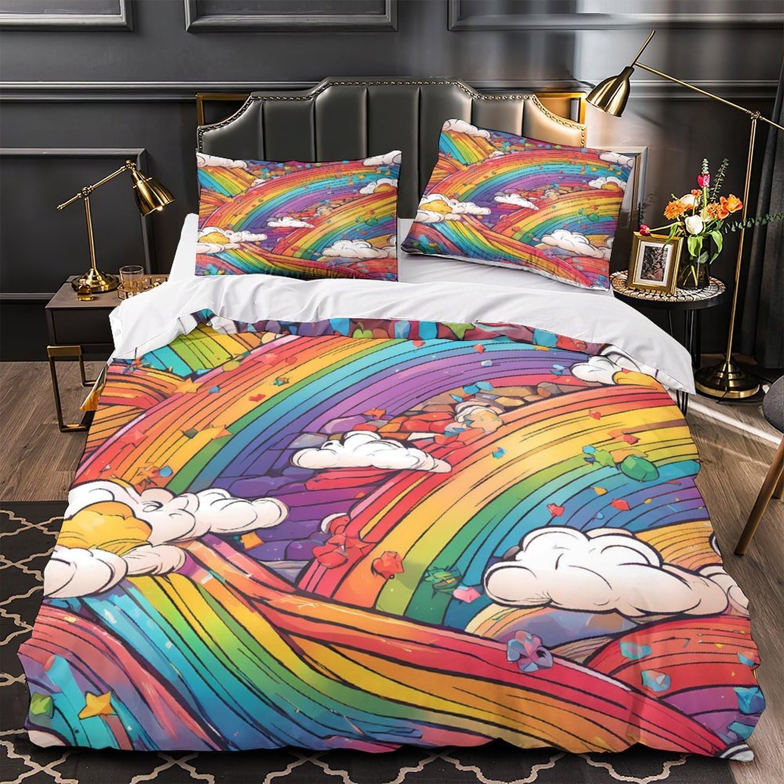Housse de couette 3D rainbow de lit 220x240 parure linge microfibre motif éclair fantasy adulte