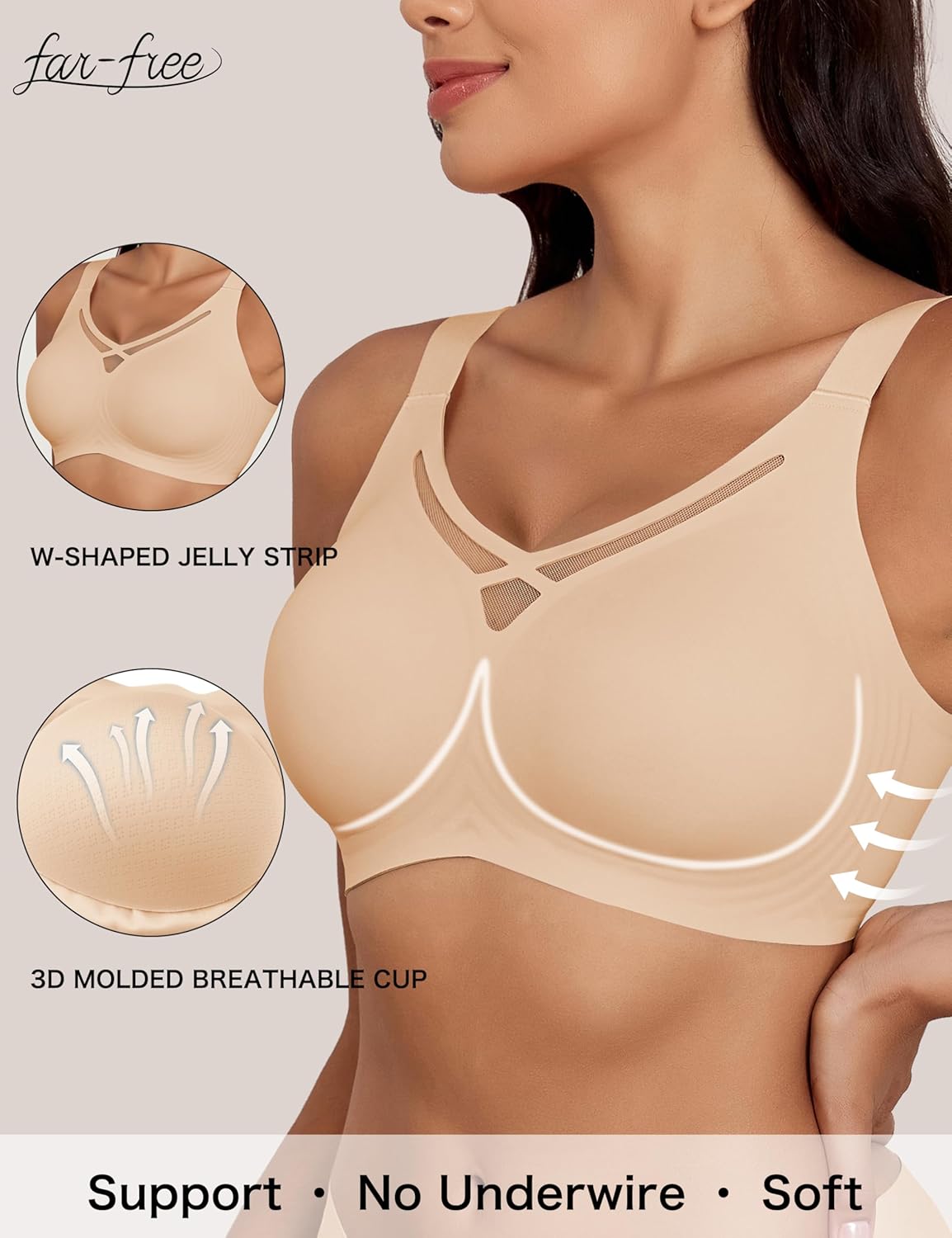 Far-free Womens Wireless Bras No Underwire Seamless Supportive Comfortable Bra Push Up Everyday V Mesh Bralette T Shirt Bra - Image 3